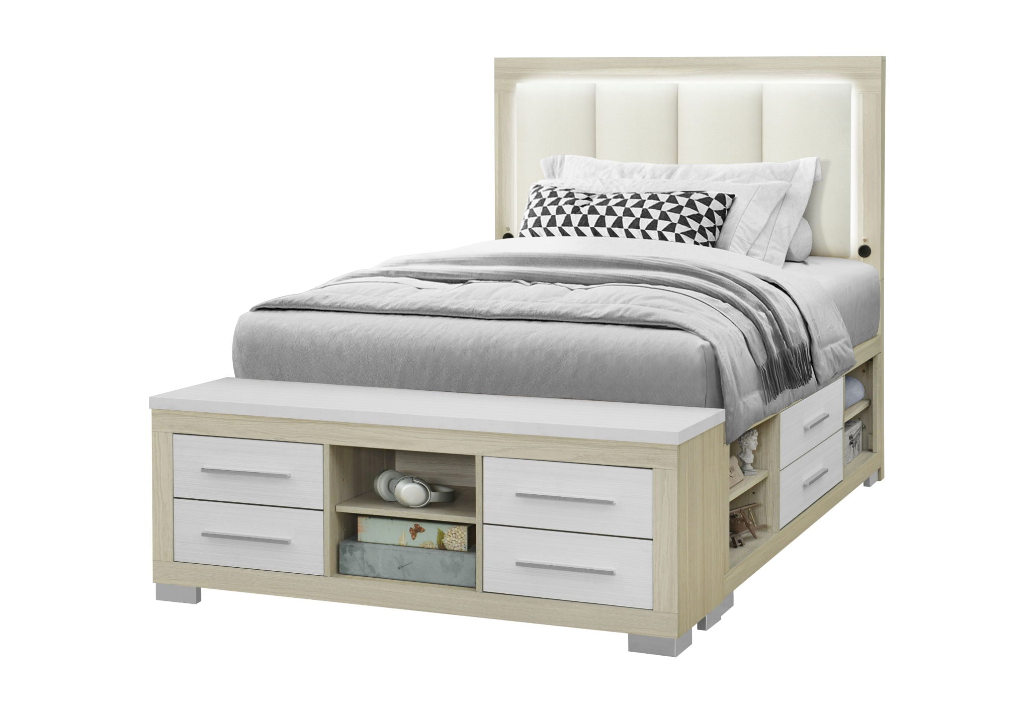 Emma - Full Bed Headboard With LED And USB - Natural / White