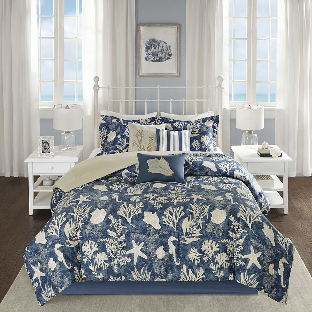 Cape Cod - California King 7 Piece Sateen Comforter Set - Blue