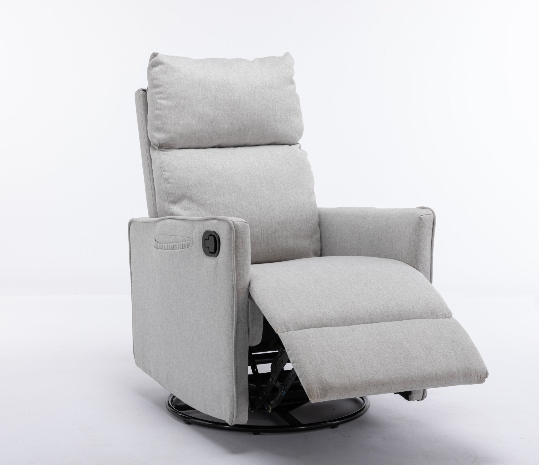 038-Cotton Linen Fabric Swivel Rocking Chair Glider Rocker Recliner Nursery Chair With Adjustable Back And Footrest For Living Room Indoor,Light Gray