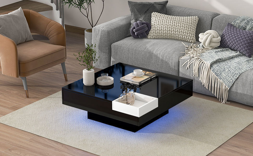 Modern Minimalist Design 31.5*31.5in Square Coffee Table with Detachable Tray and Plug-in 16-color LED Strip Lights Remote Control for Living Room (OLD SKU: WF291303AAB )