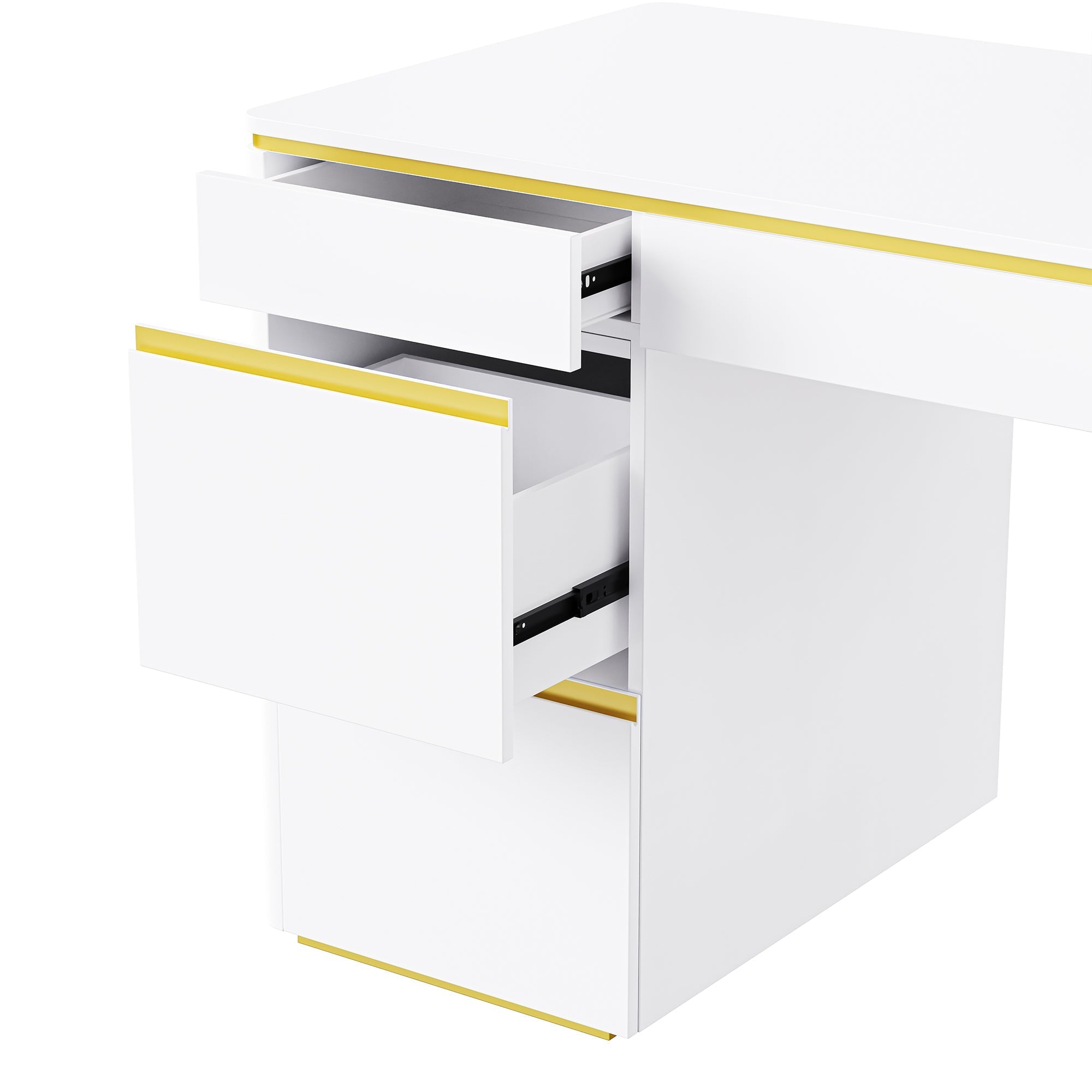 60''Modern Executive Desk,White Curved Computer Desk with Gold Metal Legs,3-Drawers Home Office Desk,Writing Desk with 1 Storage Cabinet for Home Office,Living Room,Gold+White