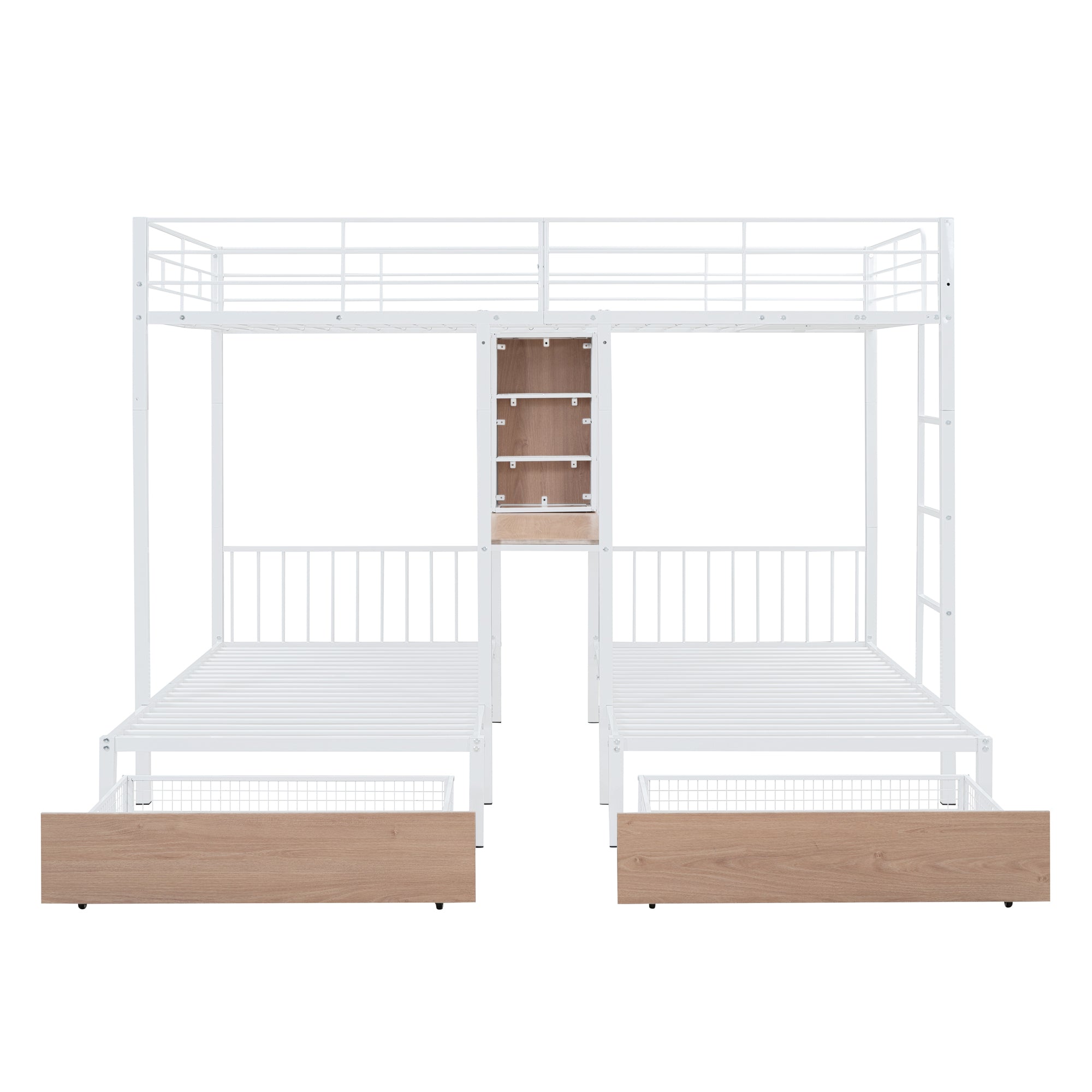 Full Over Twin & Twin Triple Bunk Bed with Drawers, Multi-functional Metal Frame Bed with desks and shelves in the middle, White