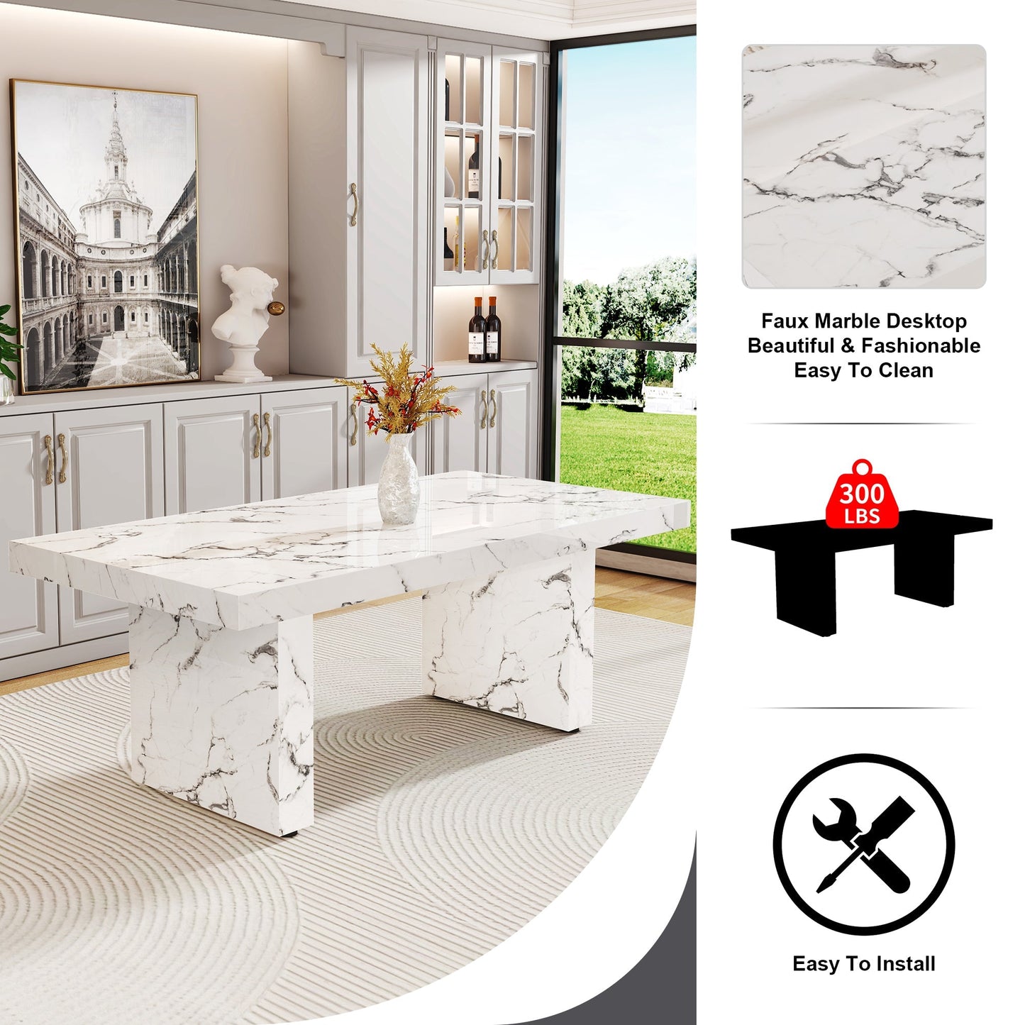 Modern rectangular dining table, office desk. MDF material. The white kitchen dining table has patterns and is suitable for 8-10 people.