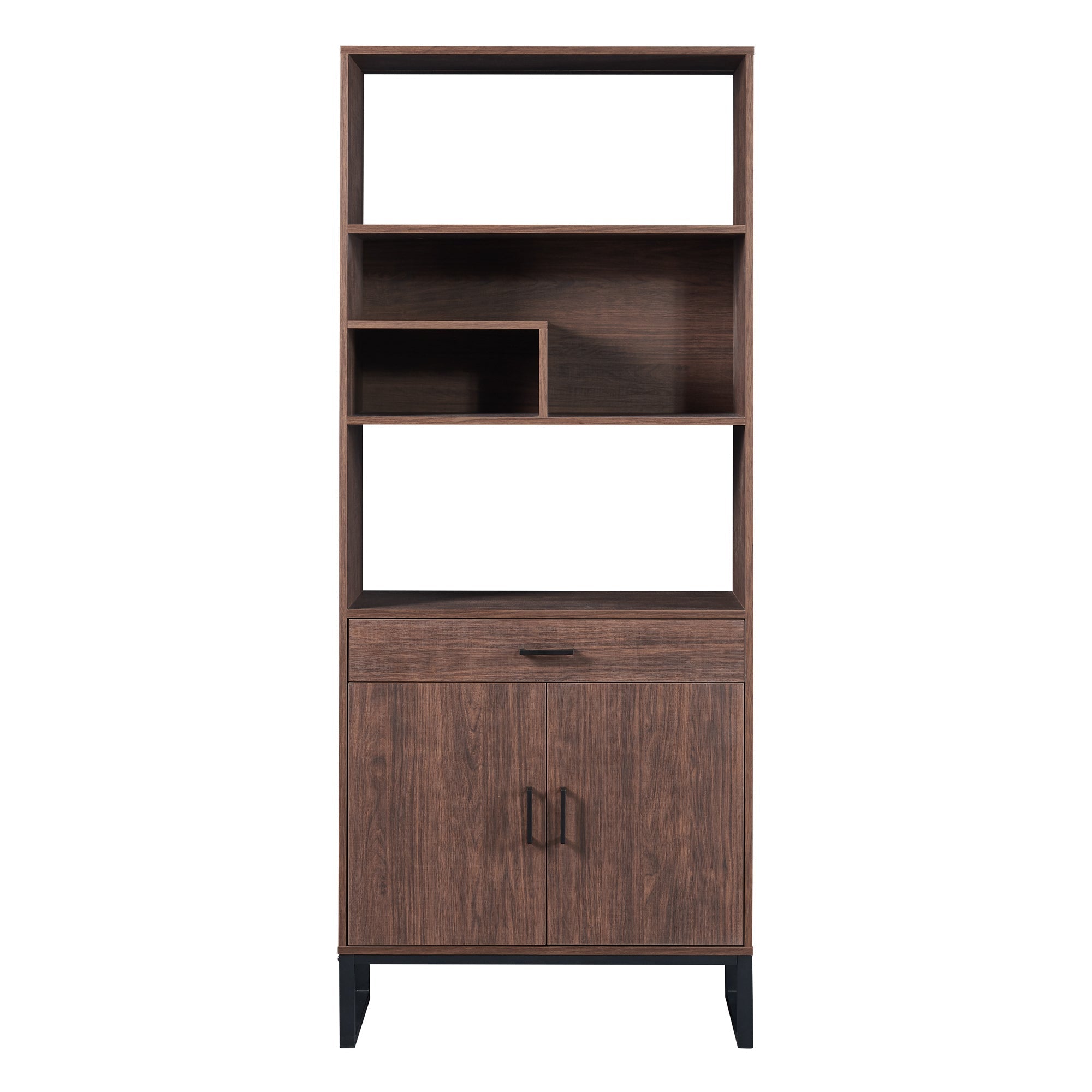 75.9"Modern Open Bookshelf with Doors, Bookcase with Storage drawer and LED Strip Lights,Free Standing Display Rack,Wooden Tall Bookshelf for Living Room and Office, Walnut