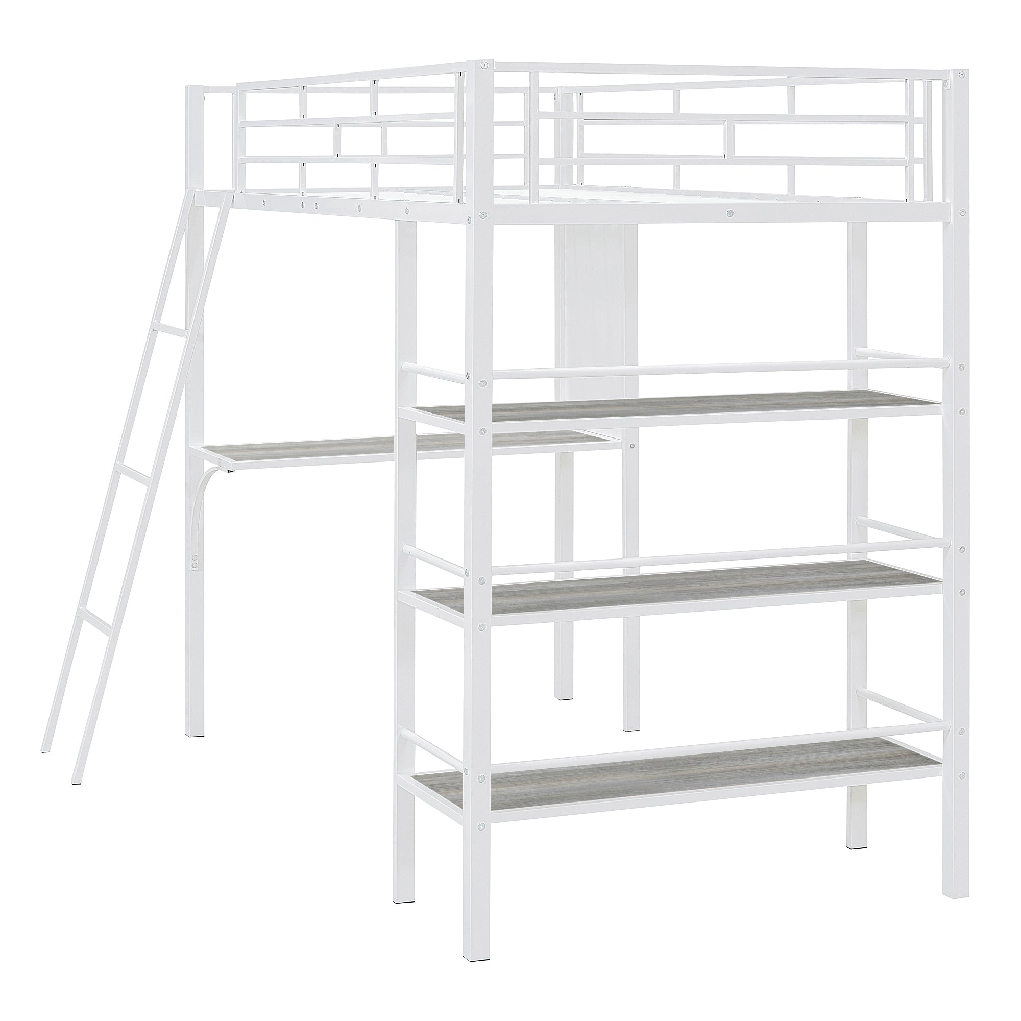 Twin Size Loft Metal Bed with 3 Layers of Shelves and Desk, Stylish Metal Frame Bed with Whiteboard, White