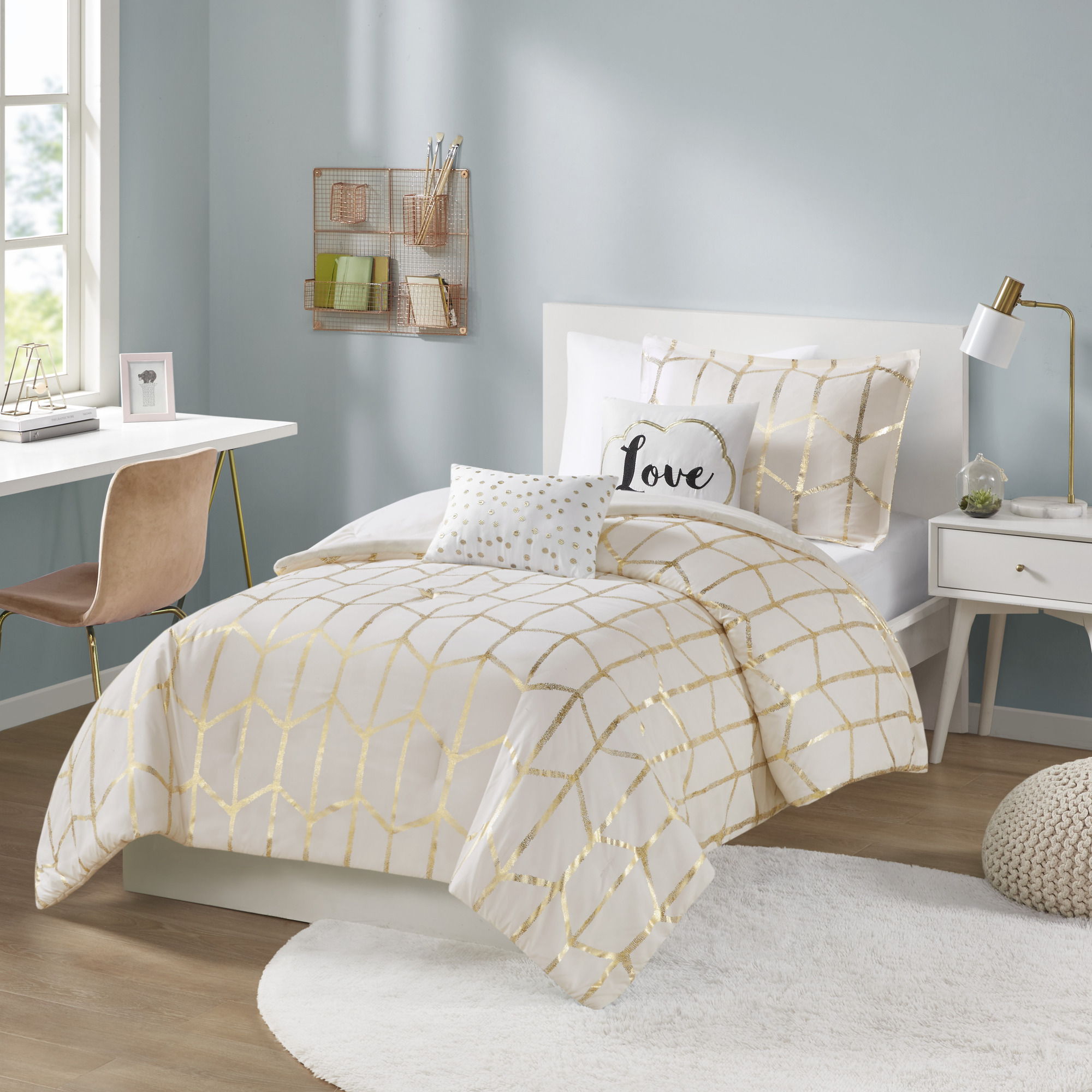 Raina - Brushed Microfiber Printed Comforter Set - Ivory / Gold