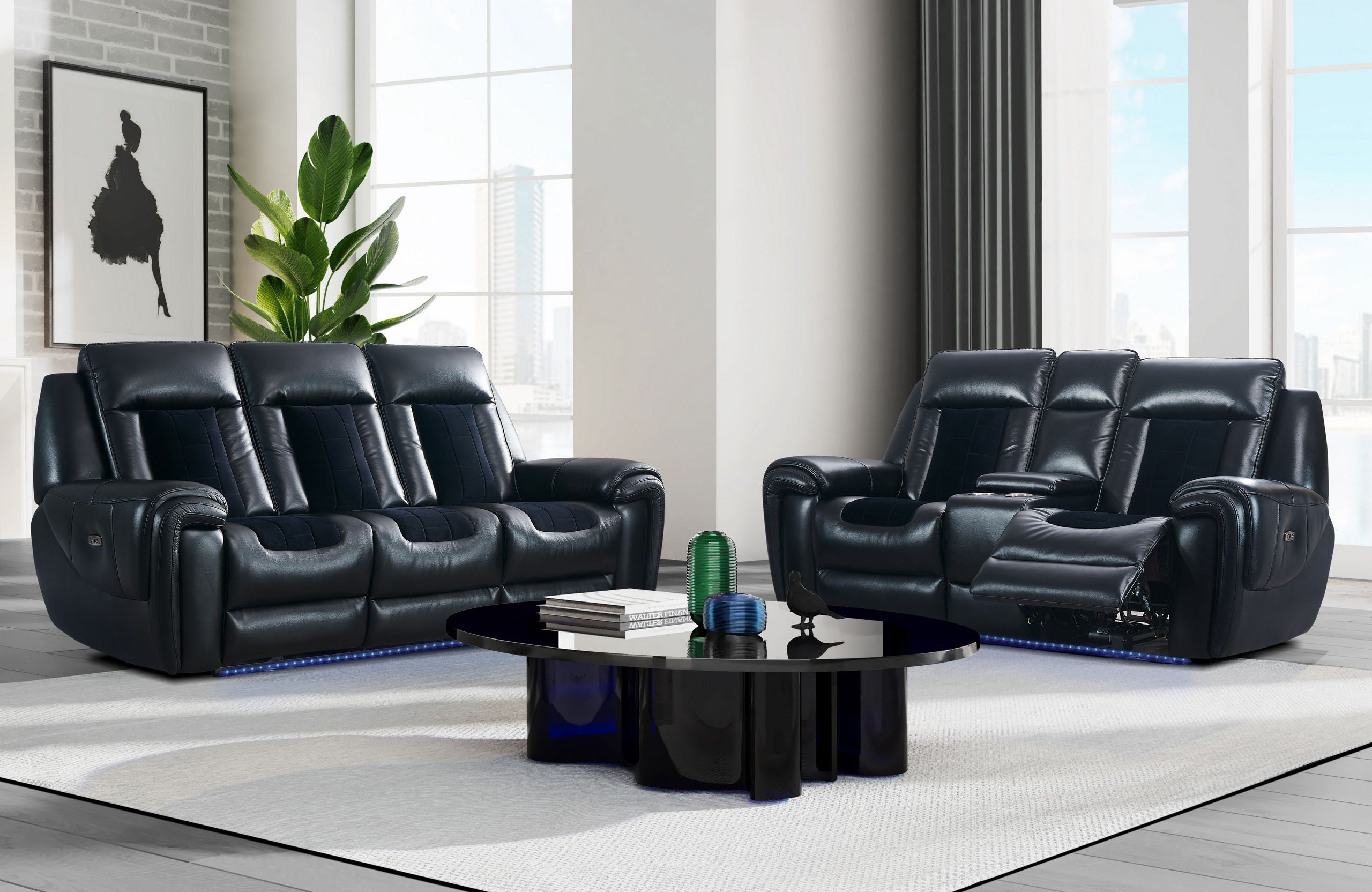 U0700 - Velvet Power Reclining Sofa / Power Console Reclining Loveseat / Power Recliner With LED - Blanche Black / Velvet