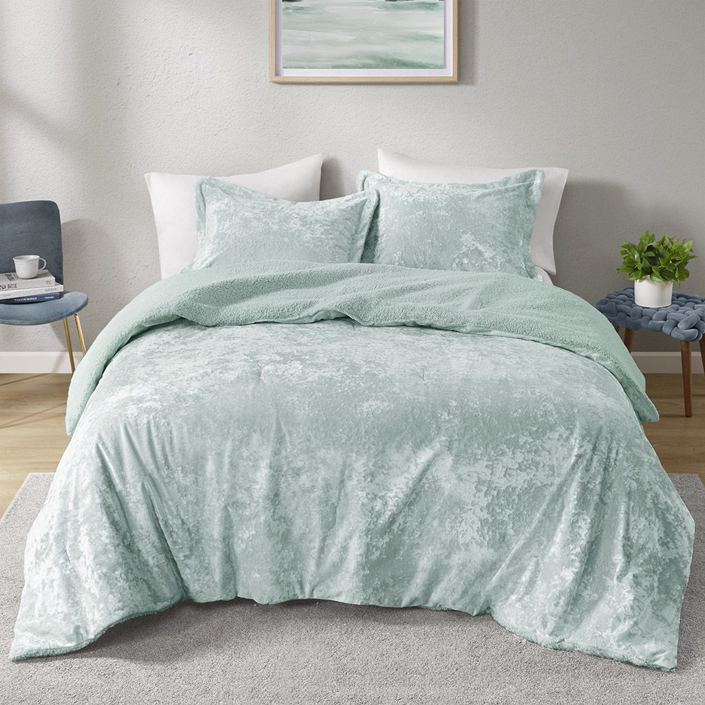Mira - 3 Piece Full/Queen Crushed Velvet Sherpa Reversible Comforter Set - Aqua