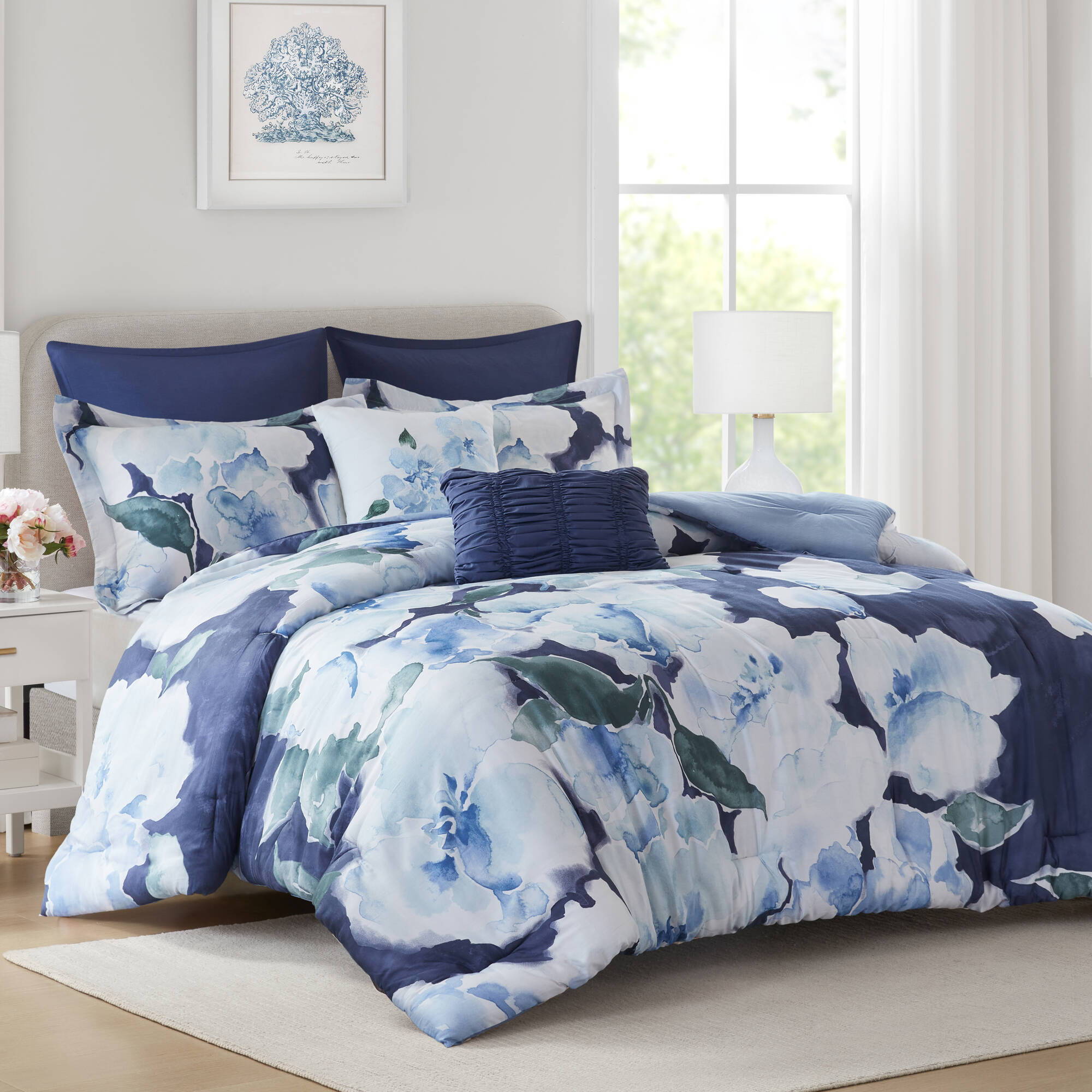 Shanti - 7 Piece California King Printed Comforter Set - Blue
