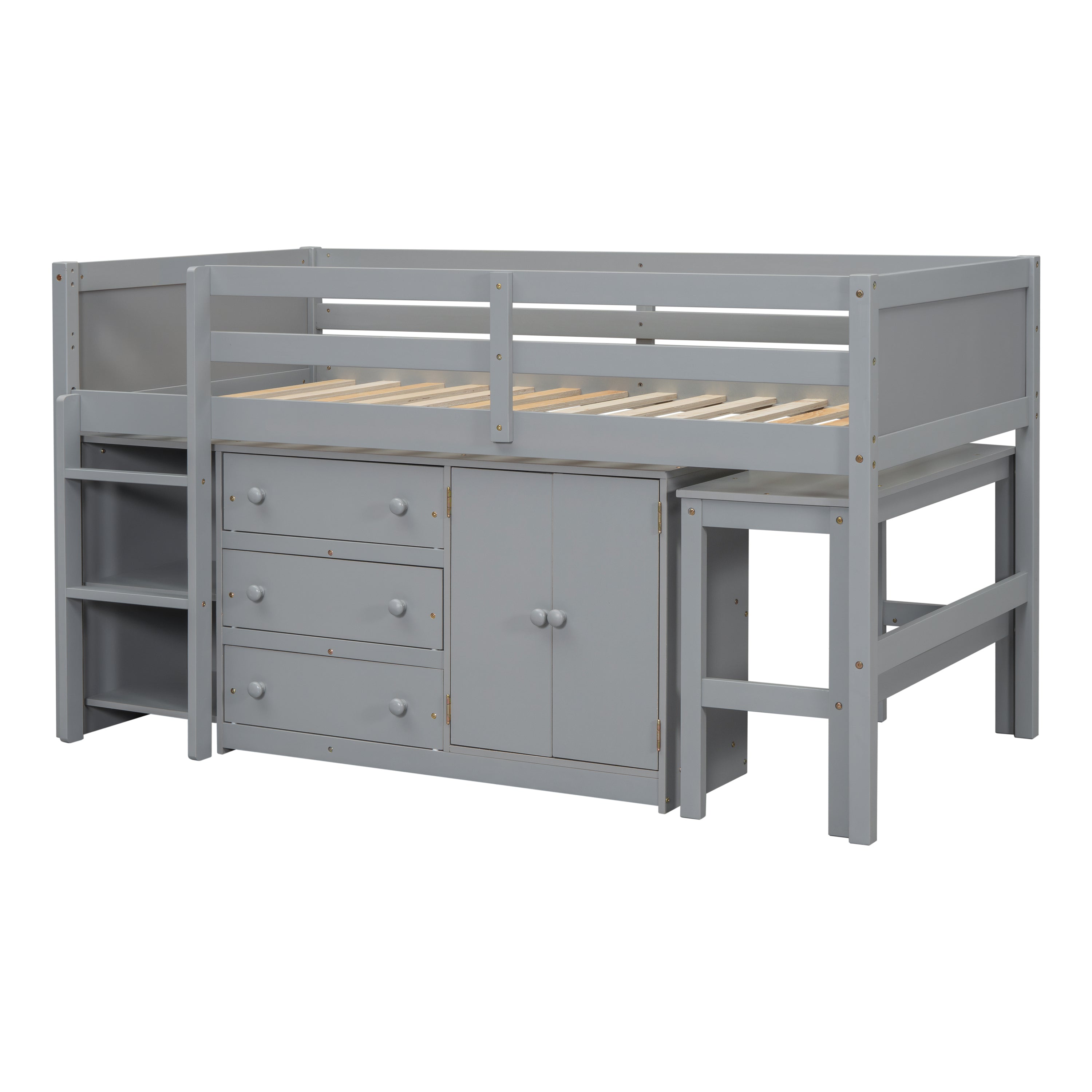 Twin Size Low Loft Bed With Pull-Out Desk, Drawers, Cabinet, and Shelves for Grey Color