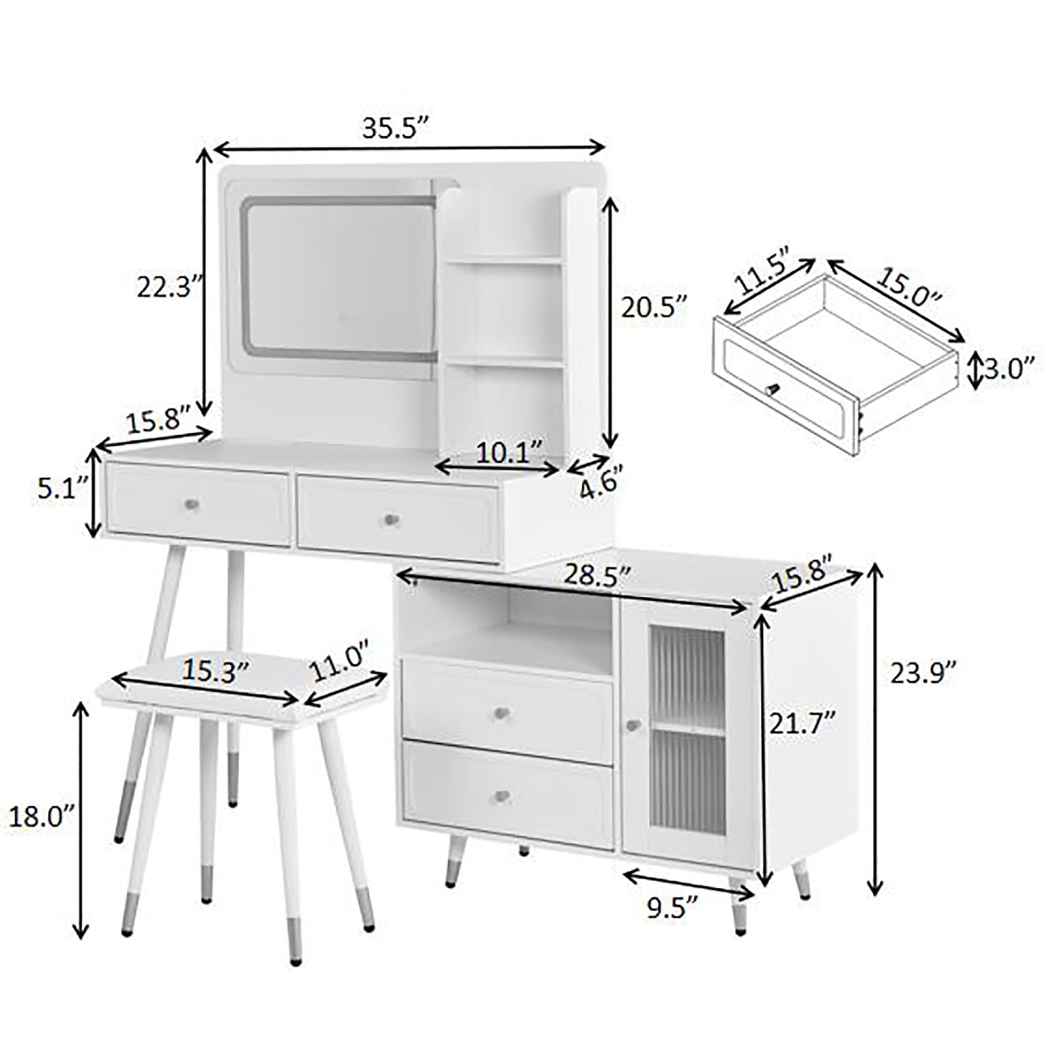 Modern Makeup Vanity Desk With Mirror And Lights Retractable Design Engineered Wood - Black