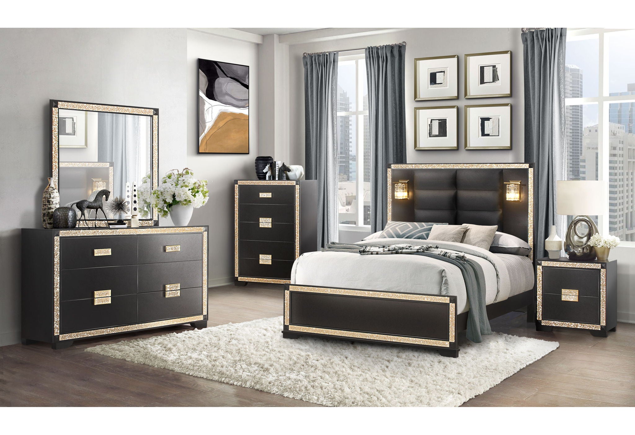 Blake - 6 Piece Queen Bedroom Set (Bed, Dresser, Mirror, 2 Nightstands, Chest) - Black / Gold