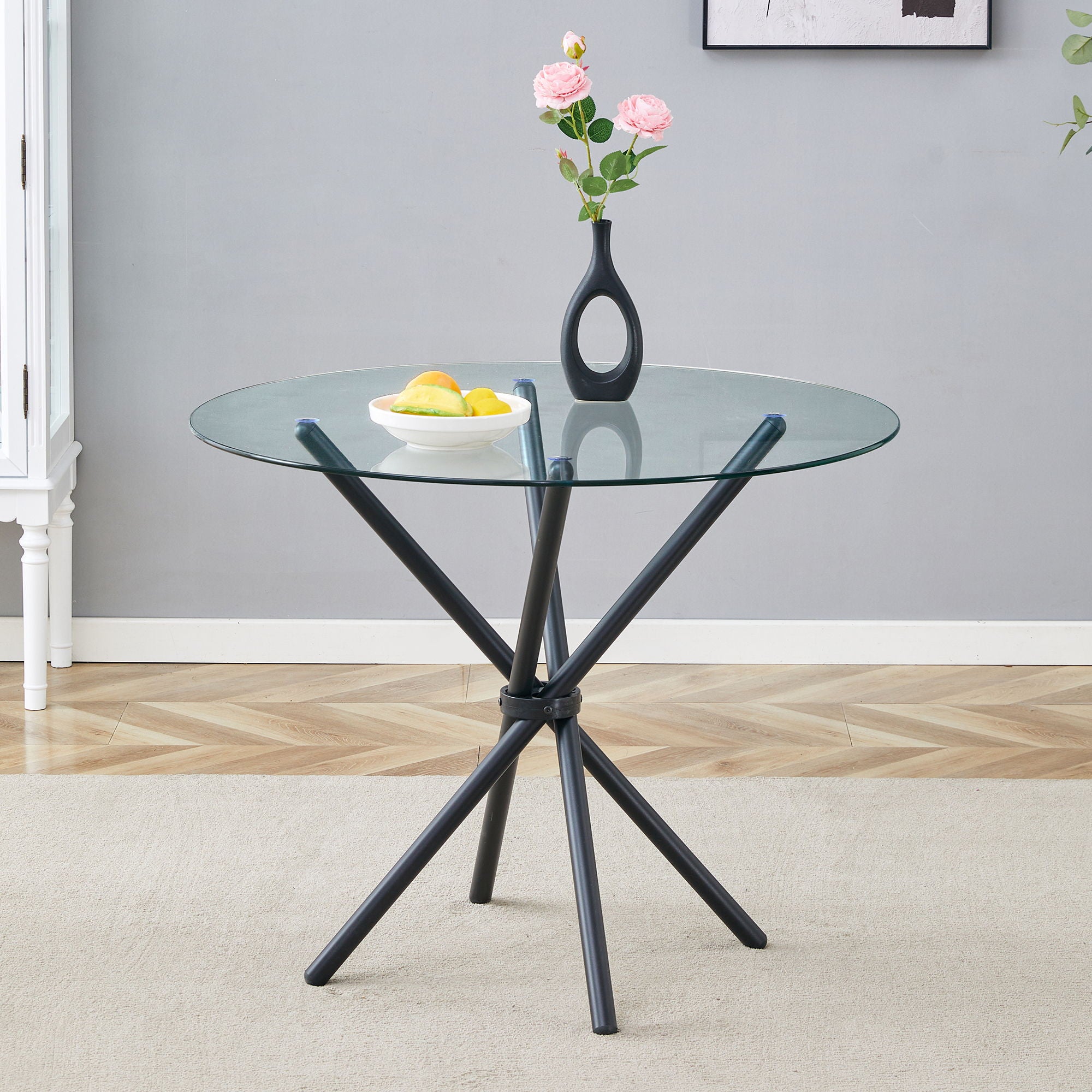 Modern Circular Transparent Tempered Glass Round Table With Metal Legs 36.6" Diameter - Silver / Transparent