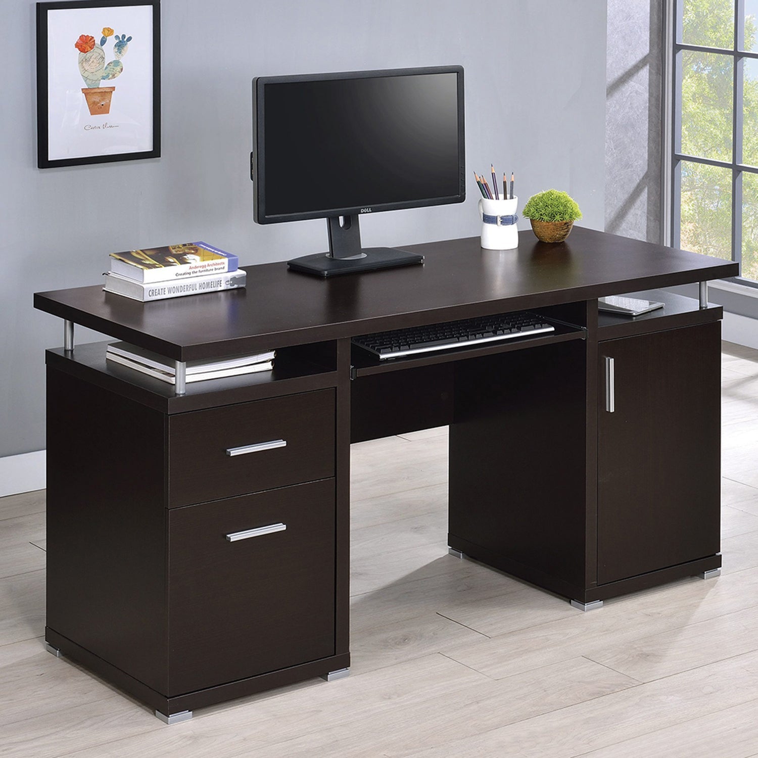 Computer Desk with 2 Drawers and Cabinet in Cappuccino