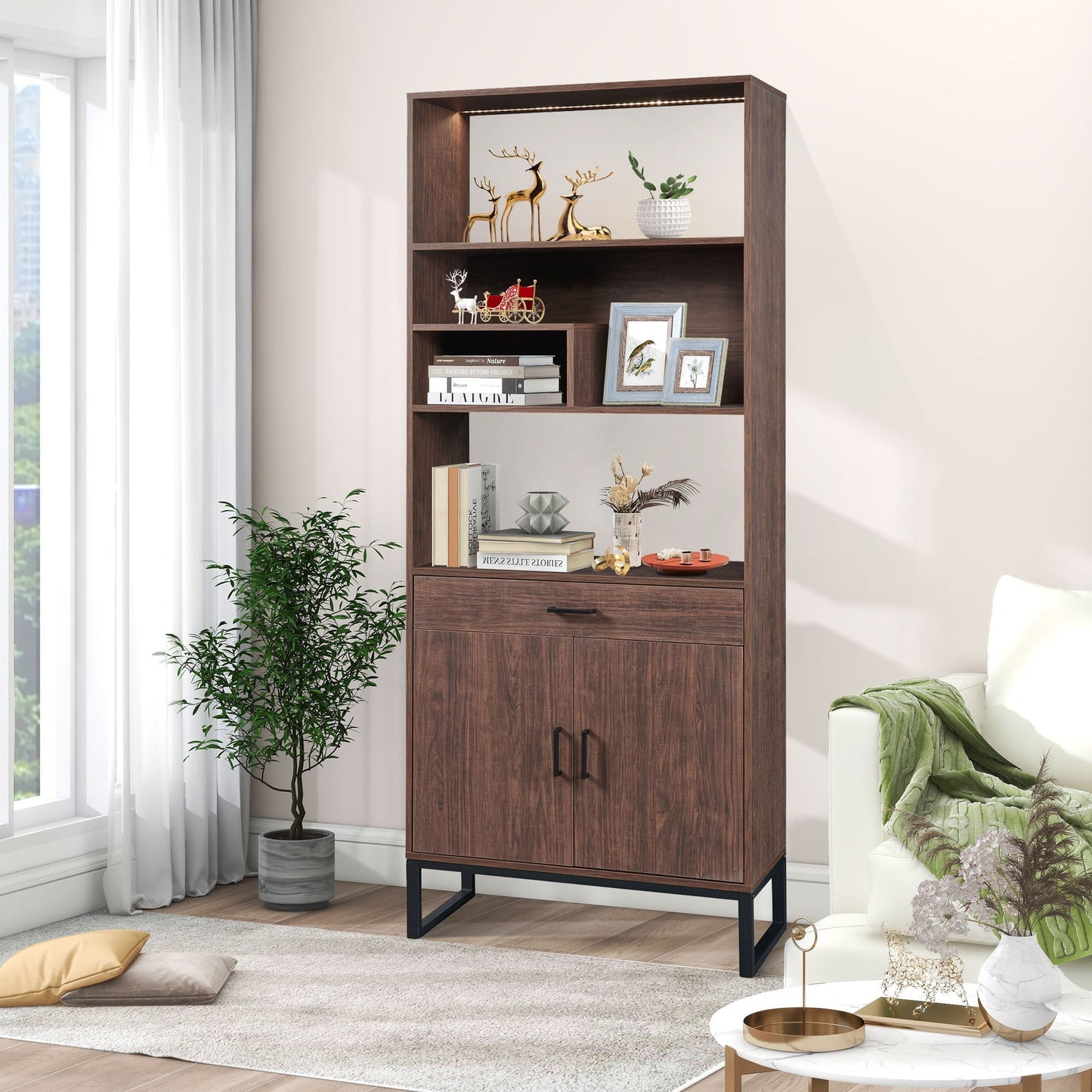 75.9"Modern Open Bookshelf Suite with Doors, Bookcase Suite with Storage drawers and LED Strip Lights,Free Standing Display Rack,Wooden Tall Bookshelf Suite for Living Room and Office, Walnut