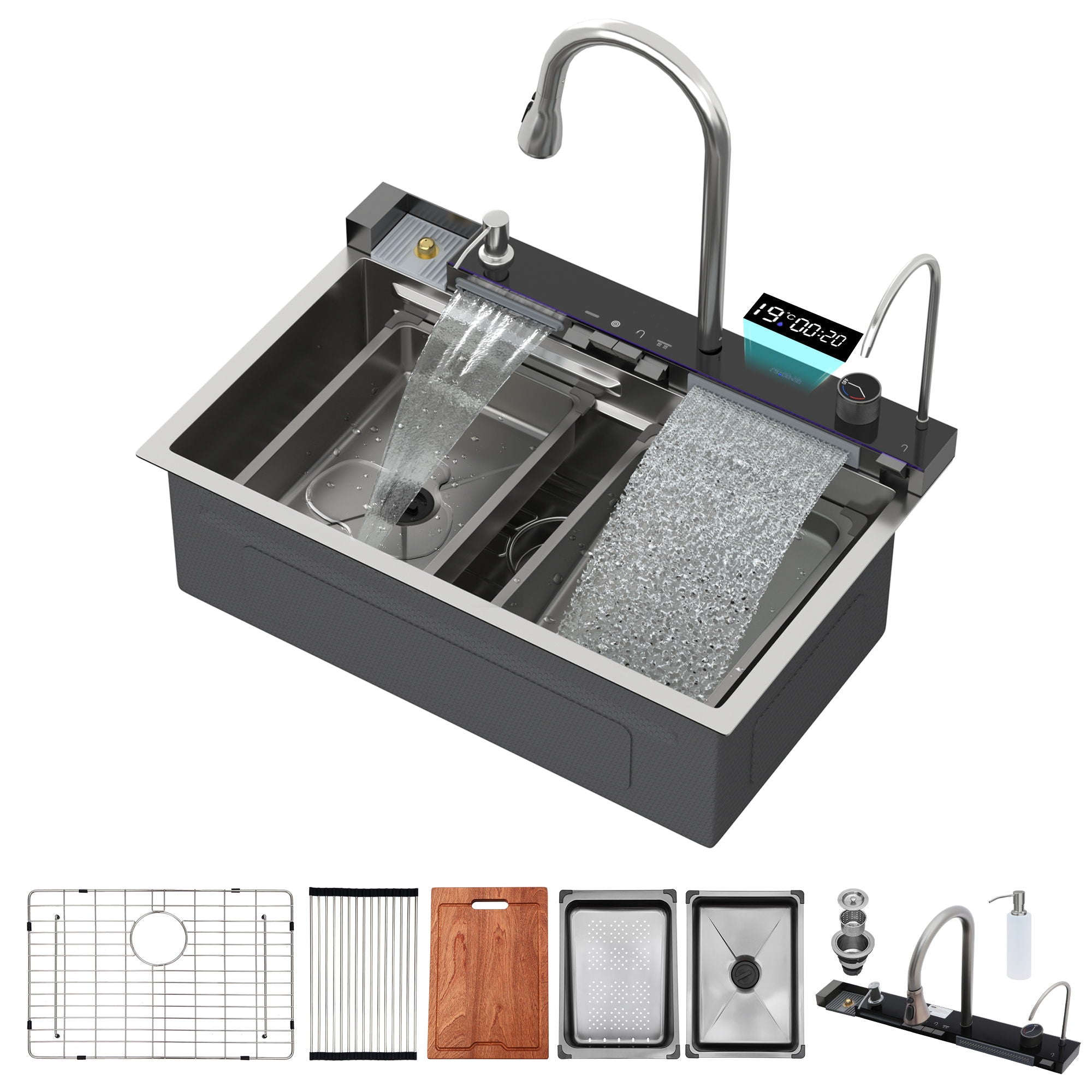 Kitchen Waterfall Sink Single Bowl With LED Faucet, Ledge Workstation, And Multi Function Pull Out Spray - Brushed Nickel