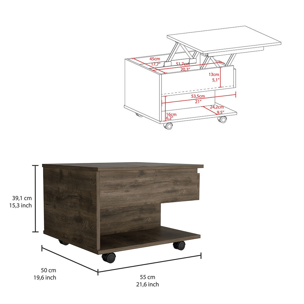 Luanda Lift Top Coffee Table, Casters, One Shelf -Dark Brown