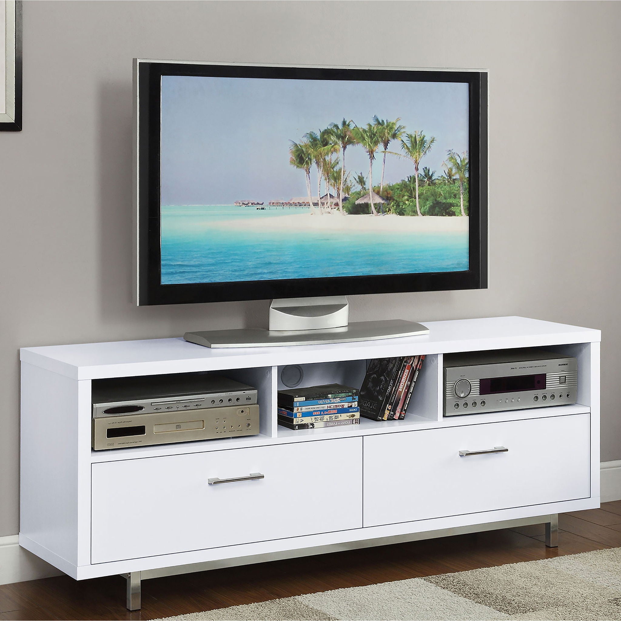 Drawer Storage TV Console With Open Cubbies - White