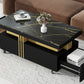 Contemporary Coffee Table with Faux Marble Top, Rectangle Cocktail Table with Caster Wheels, Moderate Luxury Center Table with Gold Metal Bars for Living Room, Black