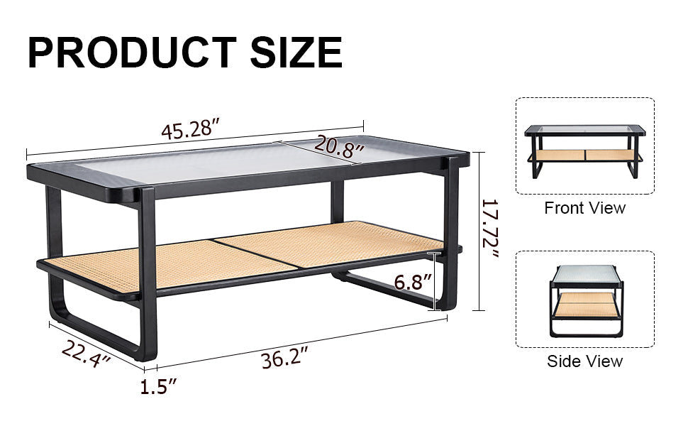 Modern minimalist rectangular double layer black solid wood imitation rattan coffee table with a Chinese style side table with craft glass tabletop, suitable for living rooms, restaurants, bedrooms