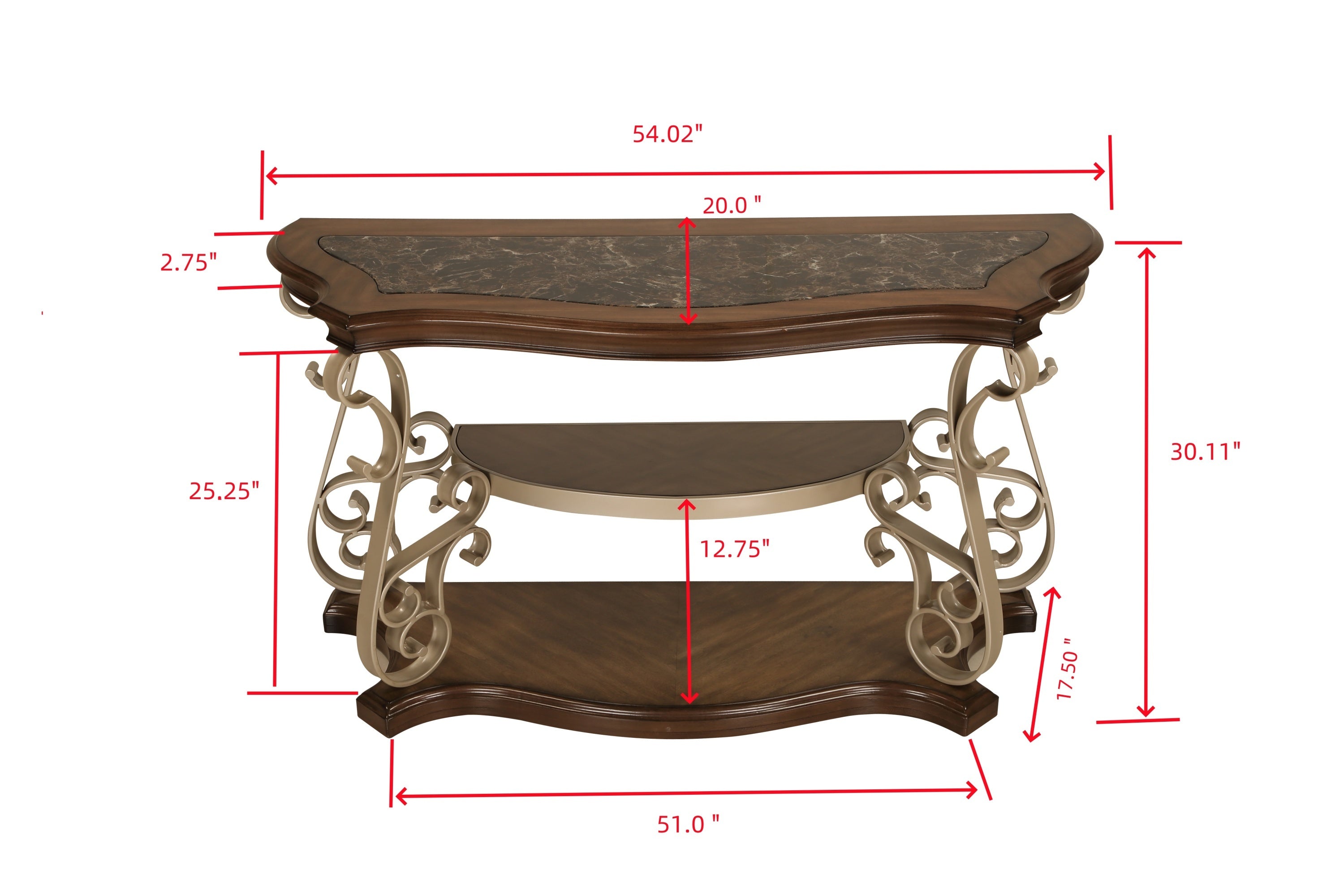 Sofa Table,  marble paper top, MDF with birch middle shelf , powder coat finish metal legs. (54"Lx20"Wx30"H)