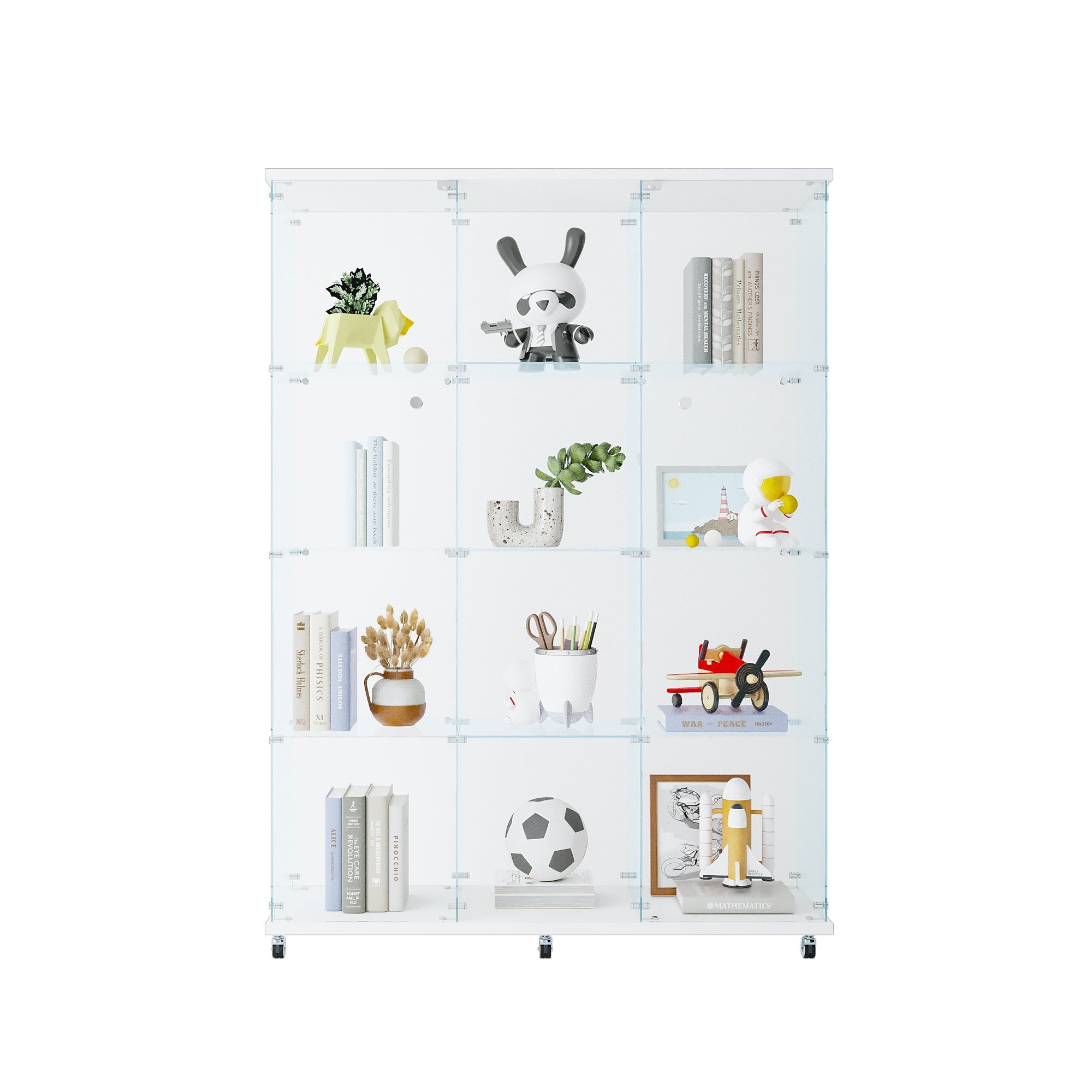 Glass Display Cabinet with 4 Shelves Extra Large, Curio Cabinets for Living Room, Bedroom, Office, Black Floor Standing Glass Bookshelf, Quick Installation