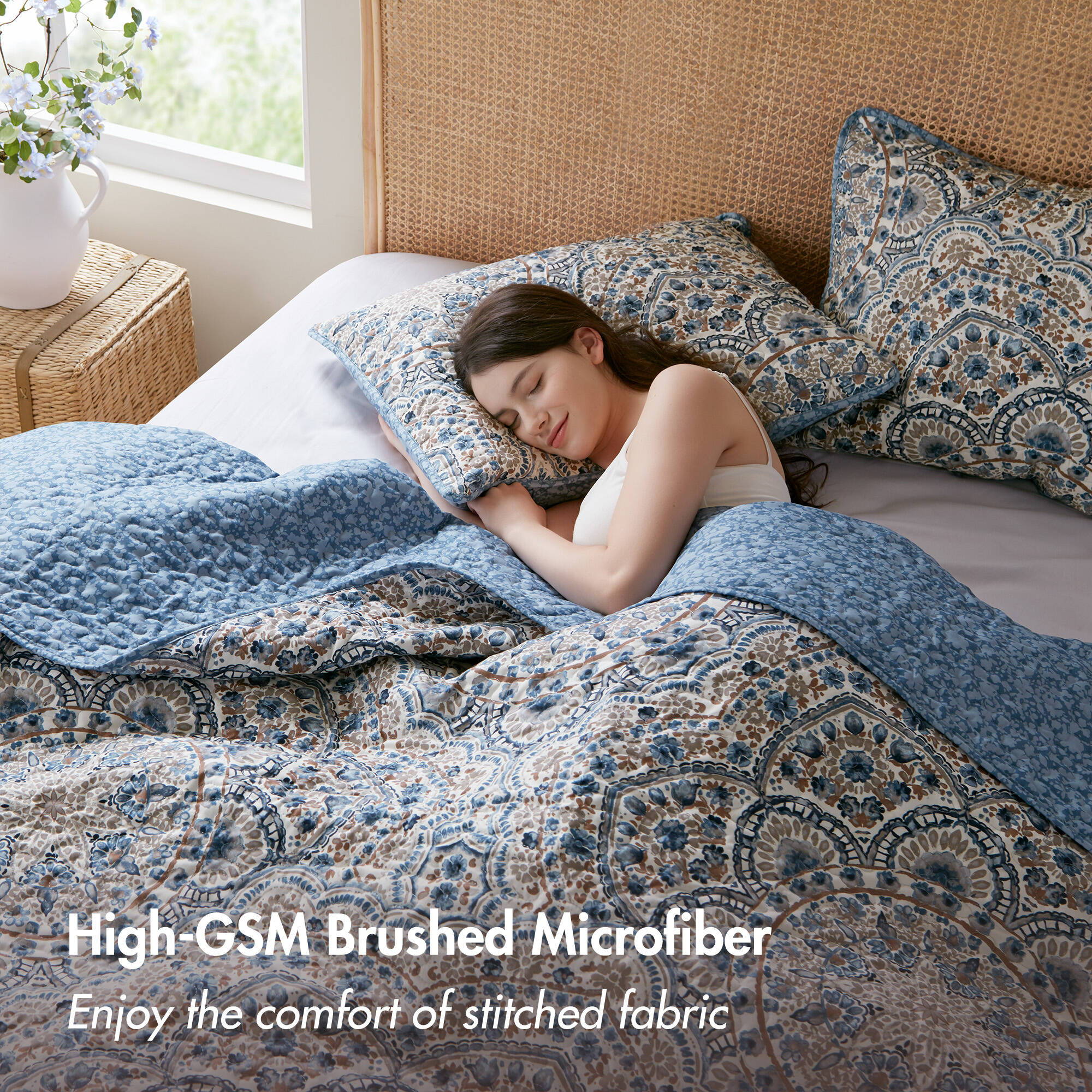 Valerie - Twin Boho Floral Reversible Quilt - Blue