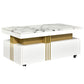 Contemporary Coffee Table with Faux Marble Top, Rectangle Cocktail Table with Caster Wheels, Moderate Luxury Center Table with Gold Metal Bars for Living Room, White