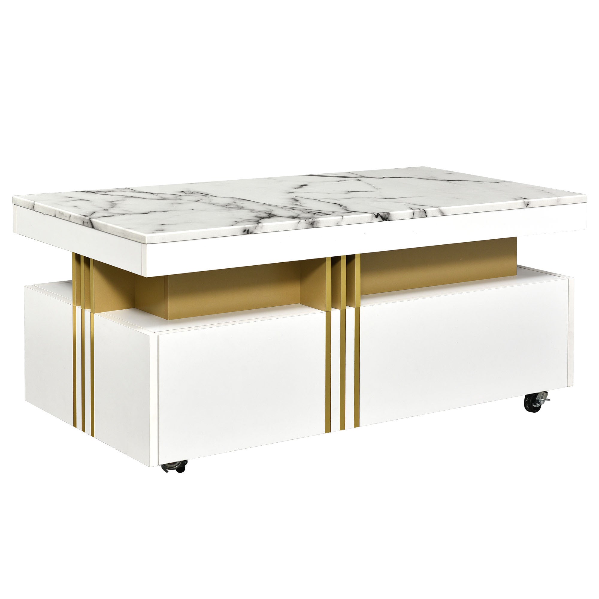 Contemporary Coffee Table with Faux Marble Top, Rectangle Cocktail Table with Caster Wheels, Moderate Luxury Center Table with Gold Metal Bars for Living Room, White