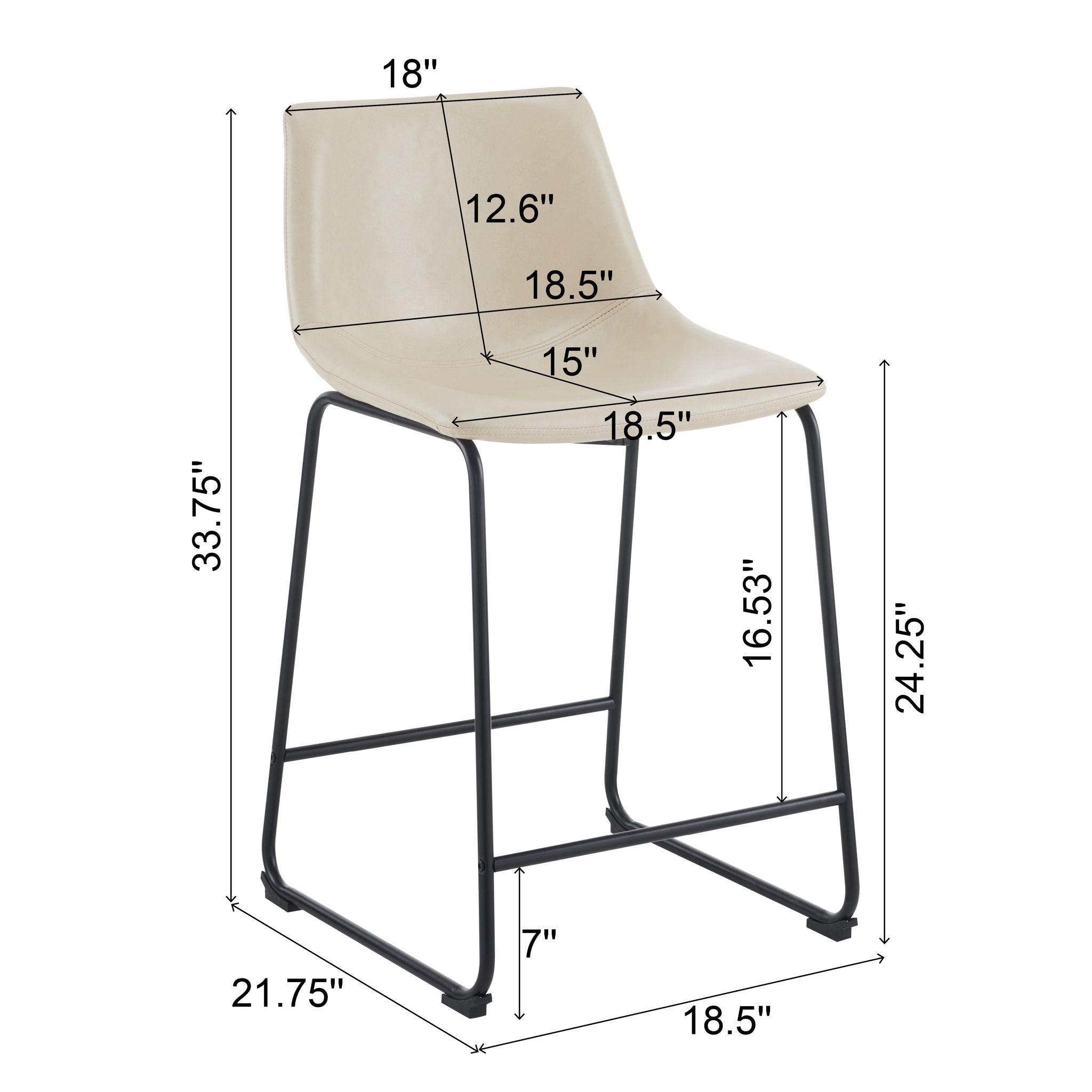 Vintage Style Armless Industrial Counter Stool With Metal Legs And Footrest For Kitchen Island, Cafe, Pub, Bar Counter (Set of 2) - Cream / Black