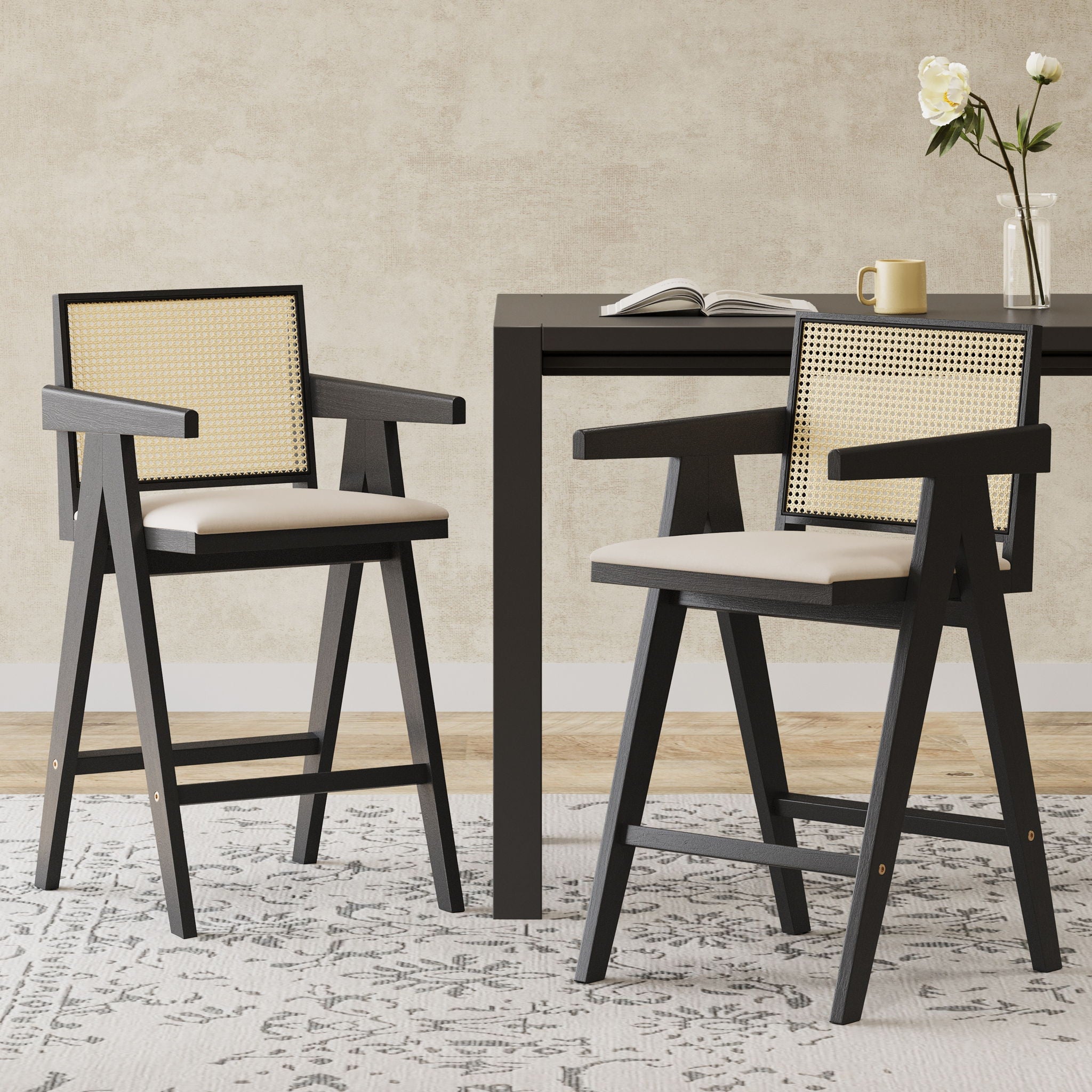 Woven Cane Plastic Backrest Bar Stool Foam Padded Fabric Seat & Durable Rubberwood Frame - Cream Gray