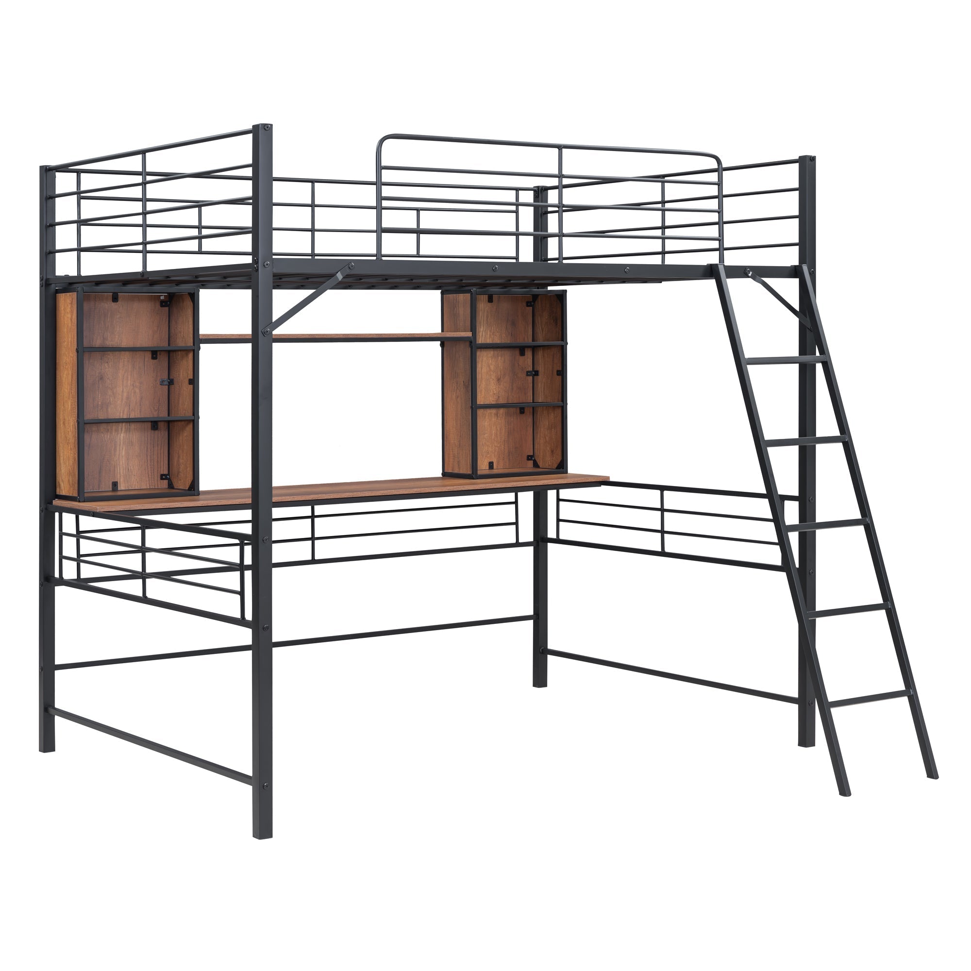 Full Size Loft Bed with Desk and Shelf , Loft Bed with Ladder,Full,Black