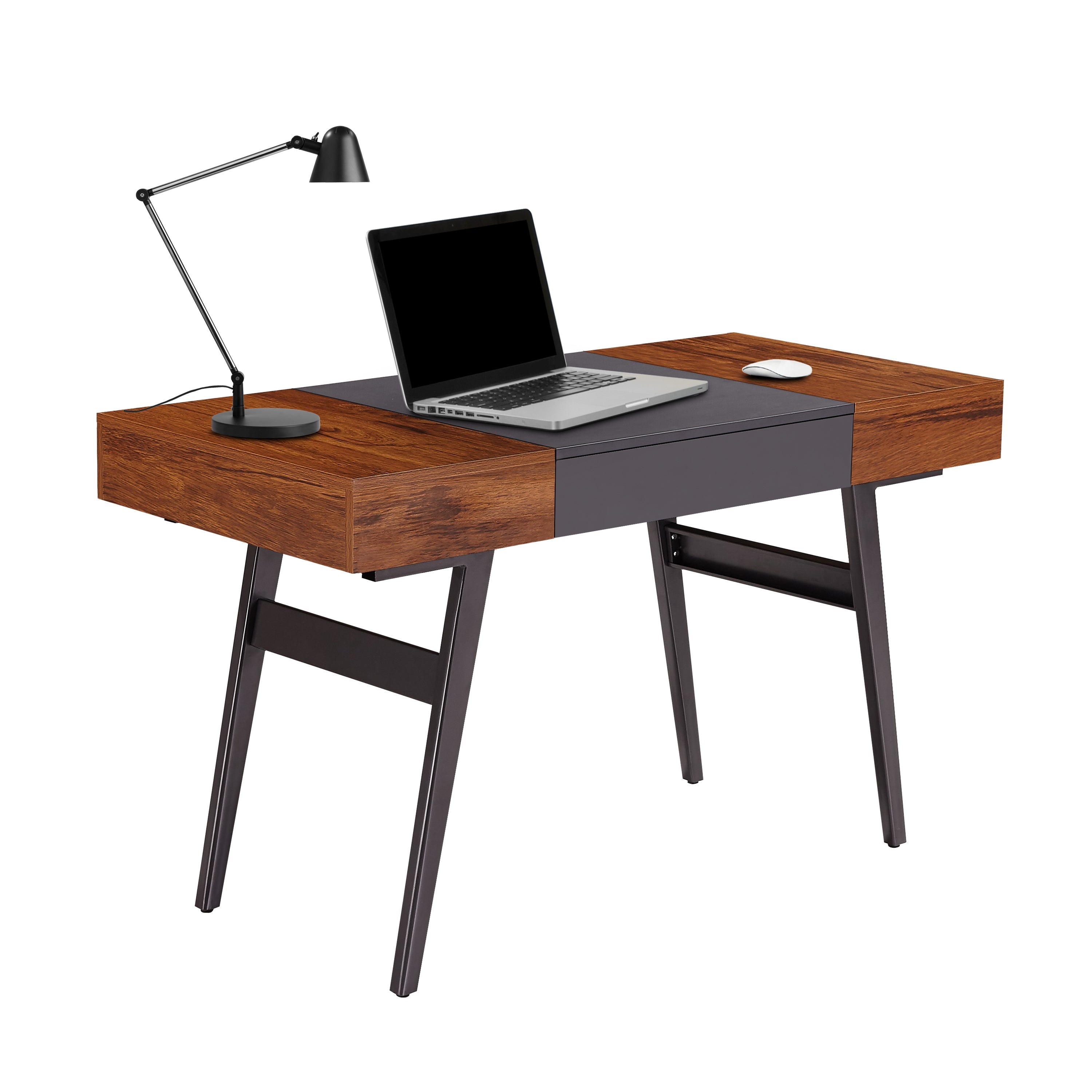 Techni Mobili  Writing Desk - Dual Side & Pull-Out Front Drawer  - Coated Grey Steel Frame - Mahogany