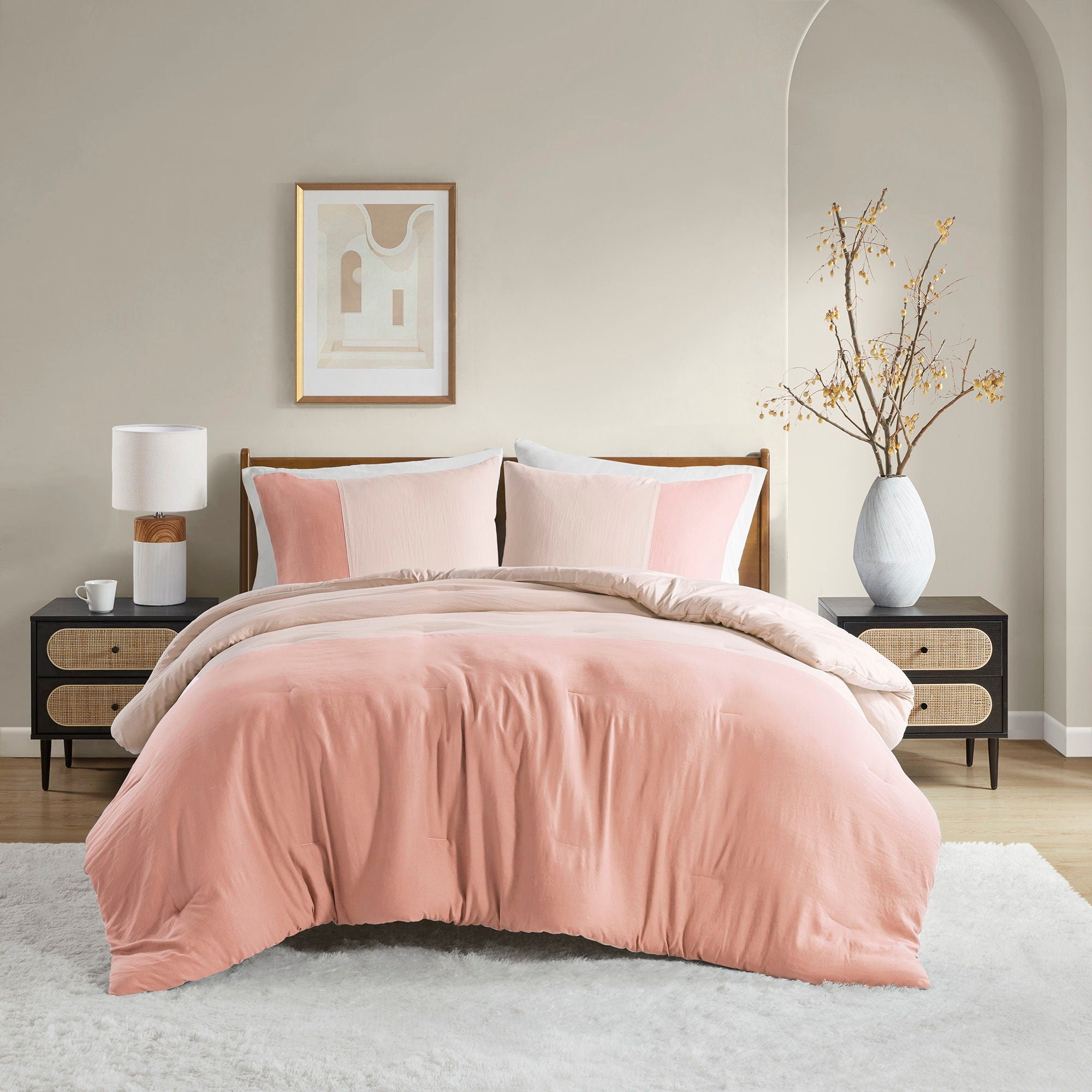 Miro - King/California King Soft Washed Block Comforter Set - Pink