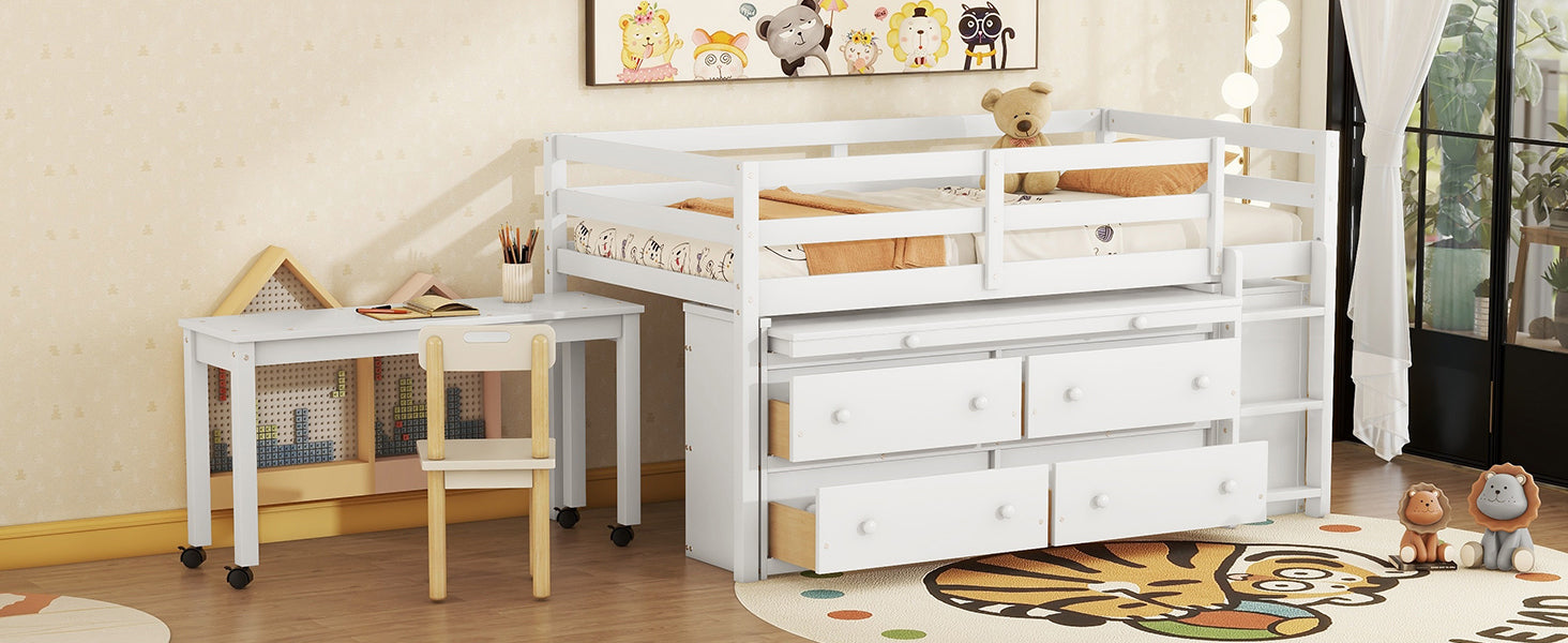 Twin Size Loft Bed with Retractable Writing Desk and 4 Drawers, Wooden Loft Bed with Lateral Portable Desk and Shelves, White