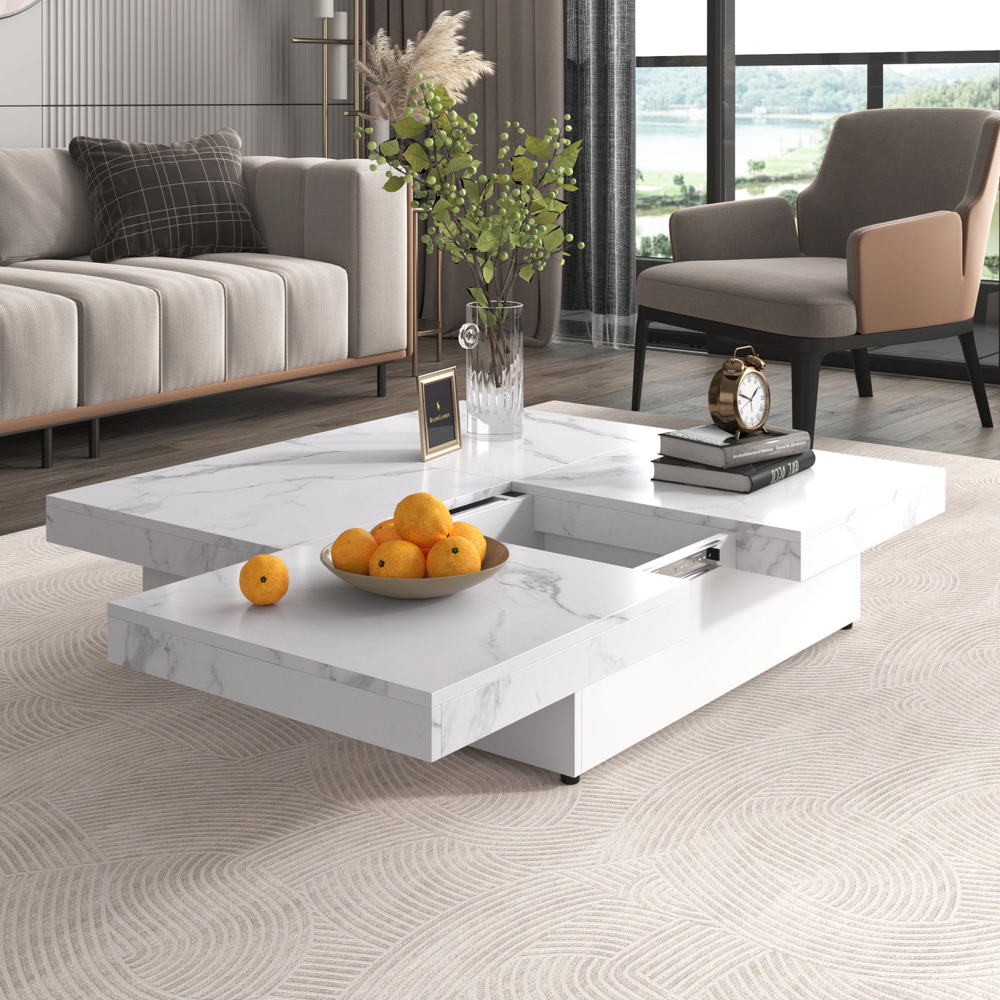 Square Marble Veneer Coffee Table Sliding Top with Storage in White 39.4''