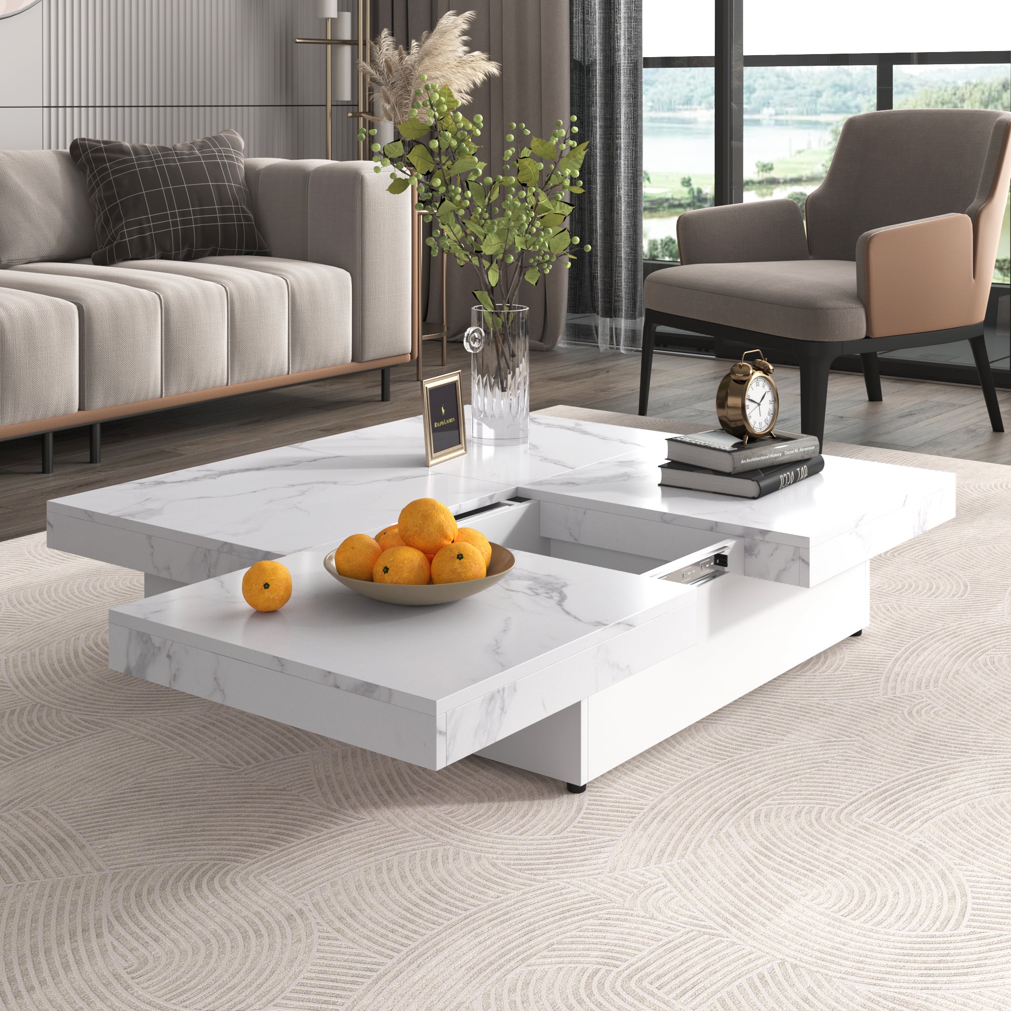 Square Marble Veneer Coffee Table Sliding Top with Storage in White 39.4''