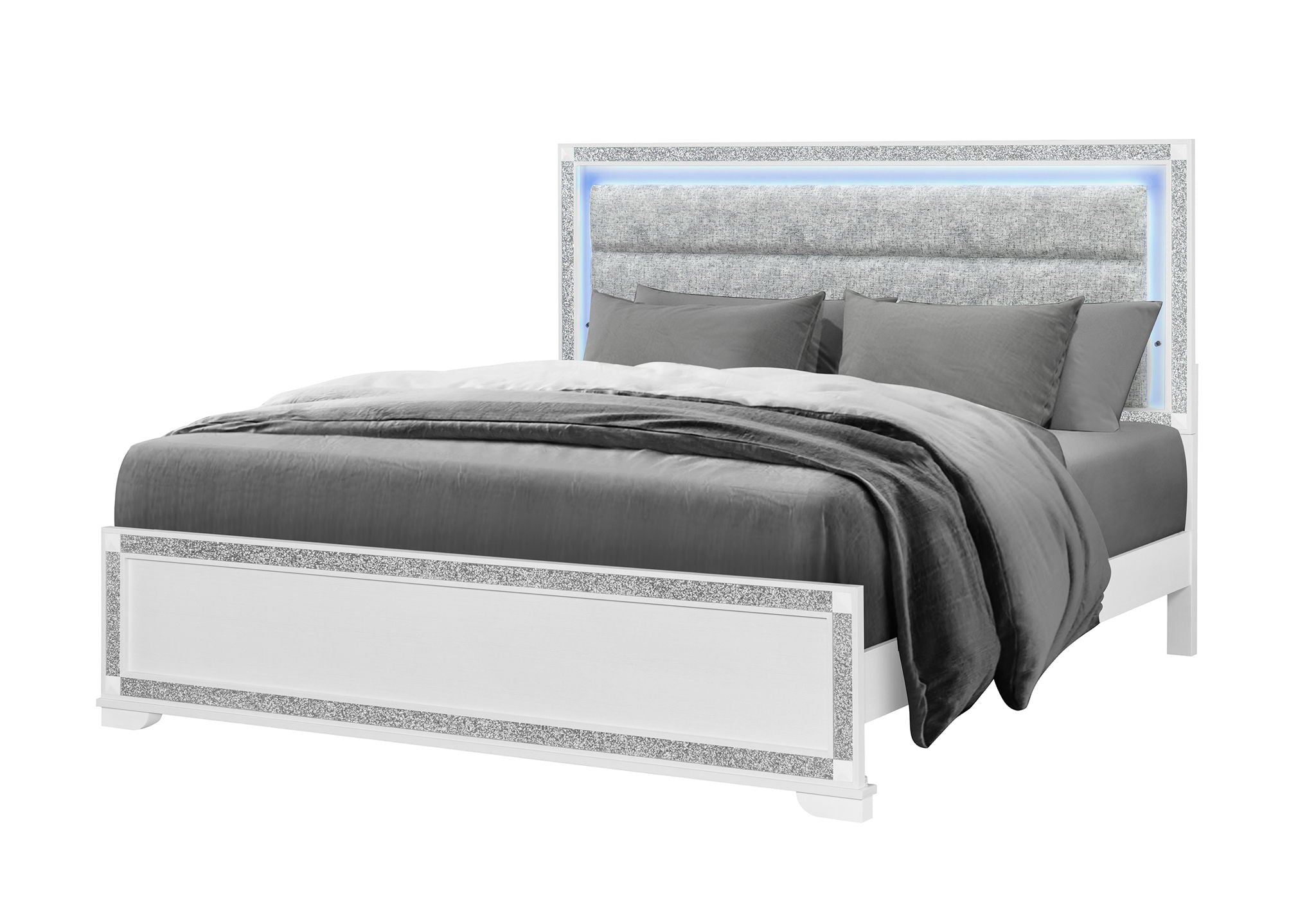 Soleil - King Bed Headboard With LED, Footboard And Slats - White