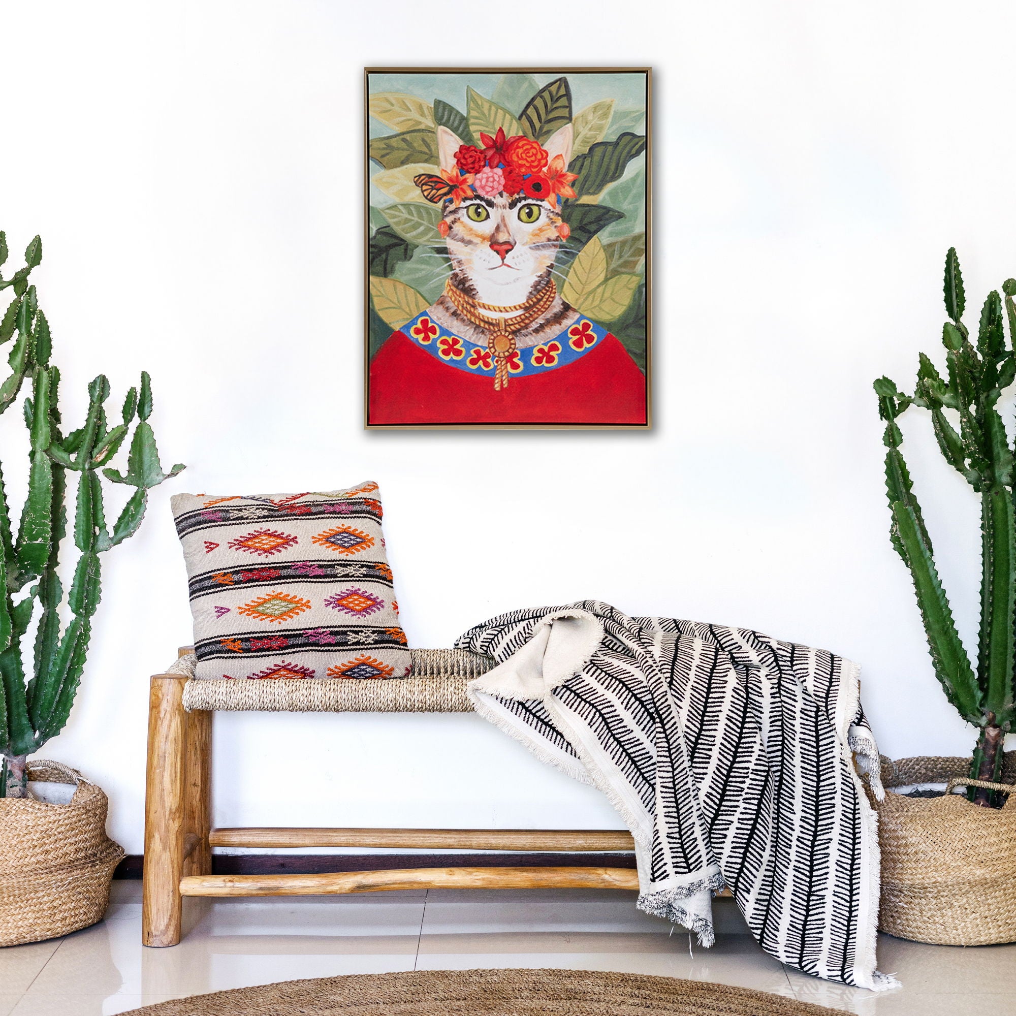 Pet Portrait - Bohemian Cat In Forest Framed Canvas Wall Art - Multi