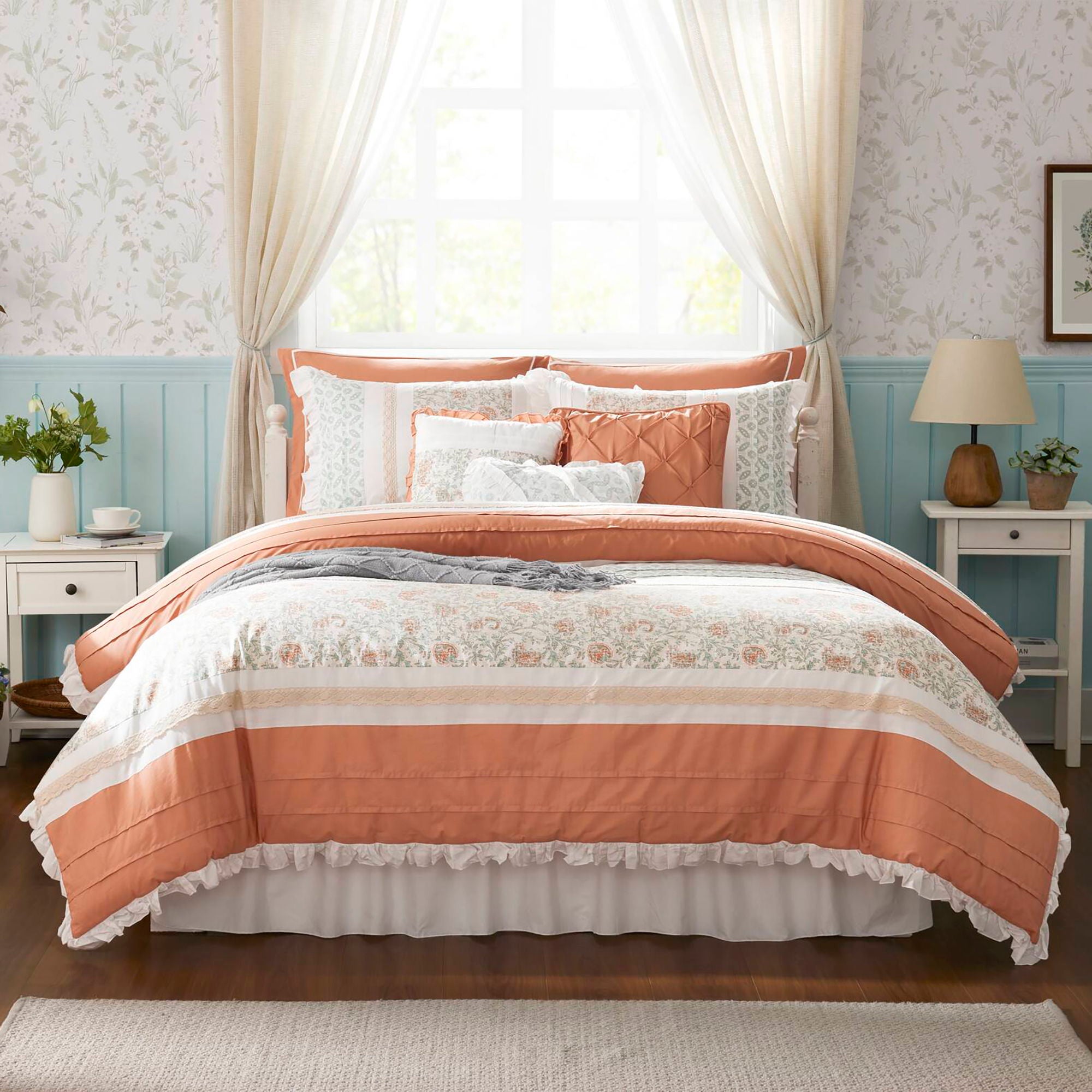 Dawn - Queen - 9 Piece Comforter Set - Coral