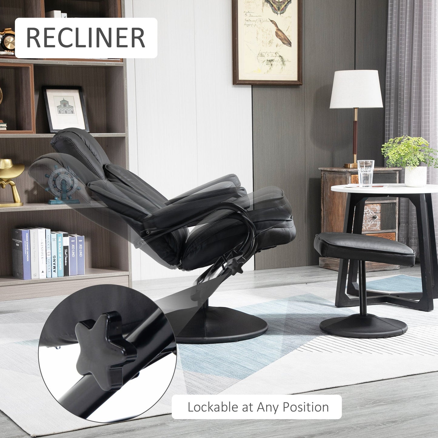 HOMCOM Swivel Recliner, Manual PU Leather Armchair with Ottoman Footrest for Living Room, Office, Bedroom, Black