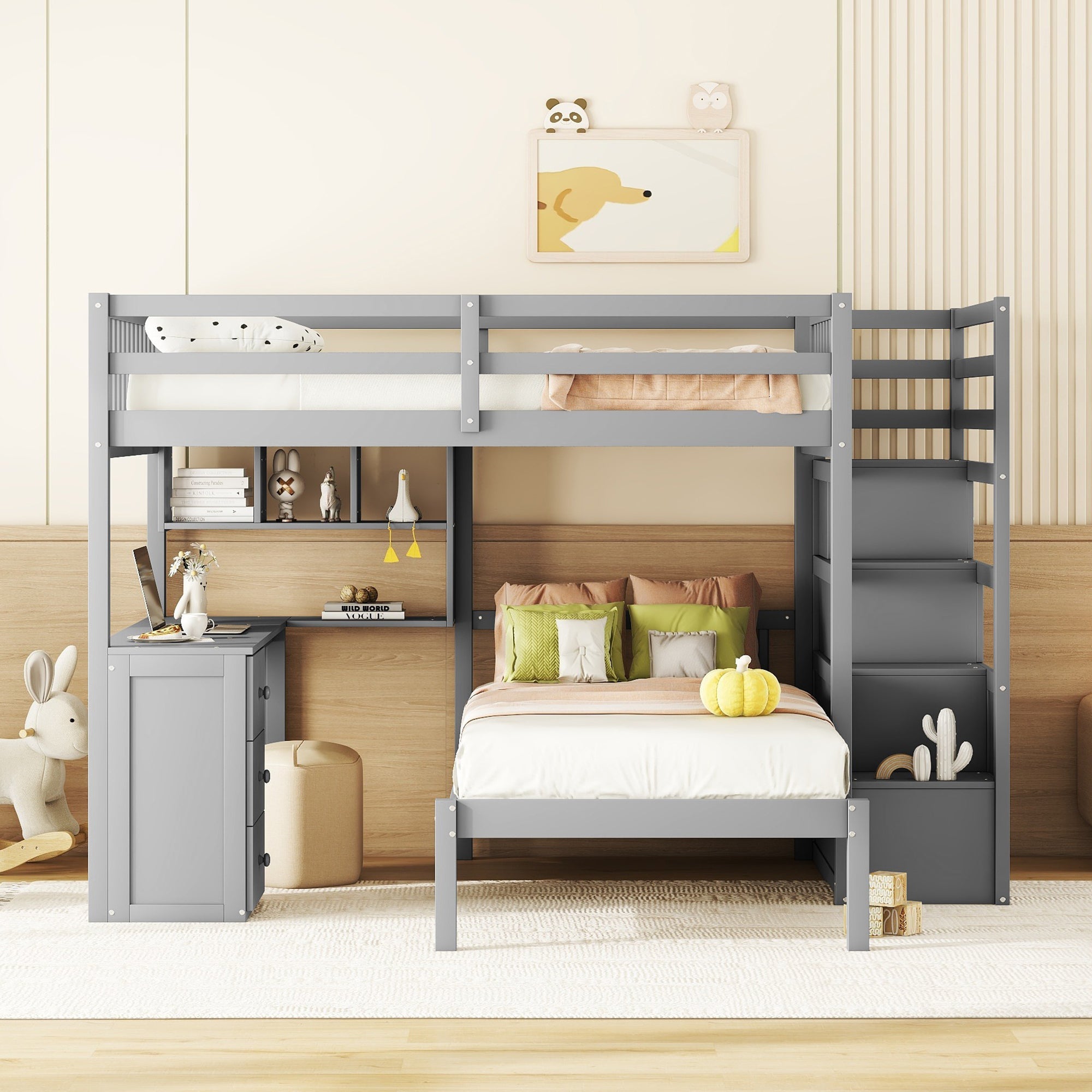 Full Over Twin Bunk Bed with Desk, Drawers and Shelves, Gray