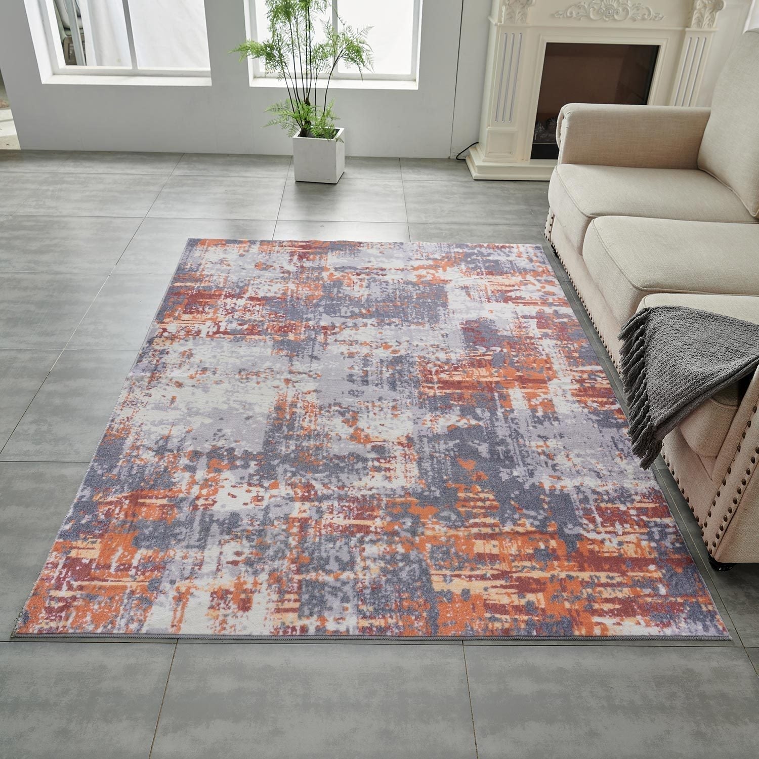 Zara Abstract Design Machine Washable Grey Brown and Rust Area Rug