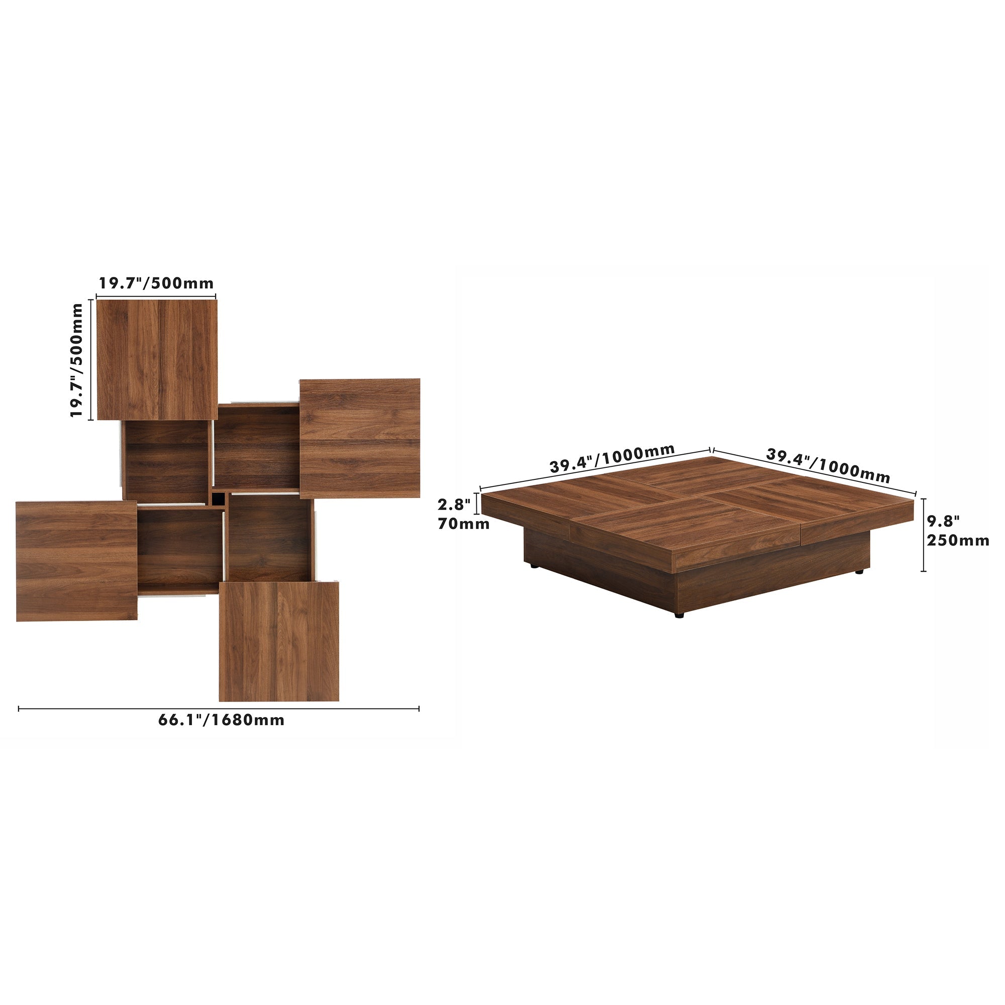 Square Marble Veneer Coffee Table Sliding Top with Storage in Walnut 39.4''