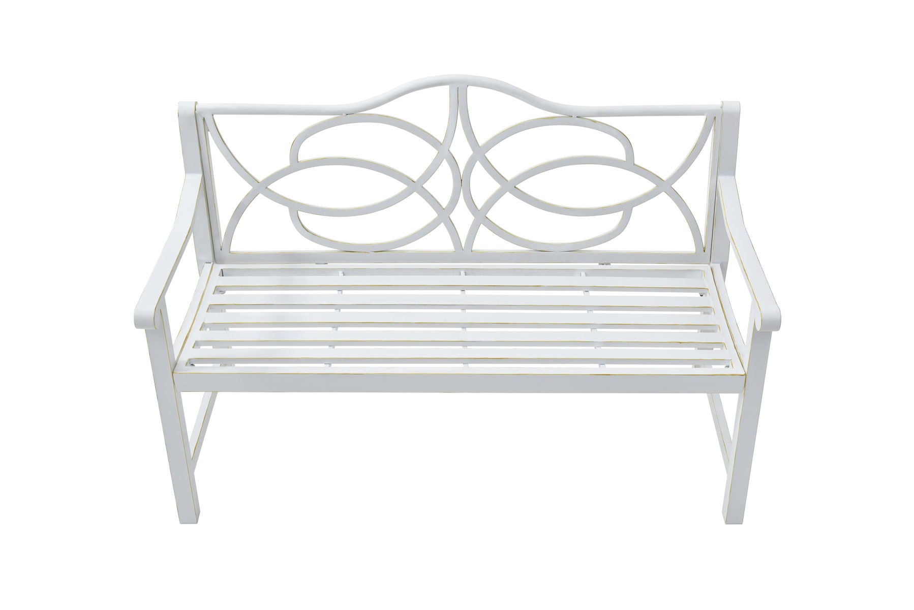 Outdoor Garden Patio Bench With Backrest And Armrest, Slatted Seat For Park, Yard & Porch, Balcony, Accommodates 2 - 3 People - White