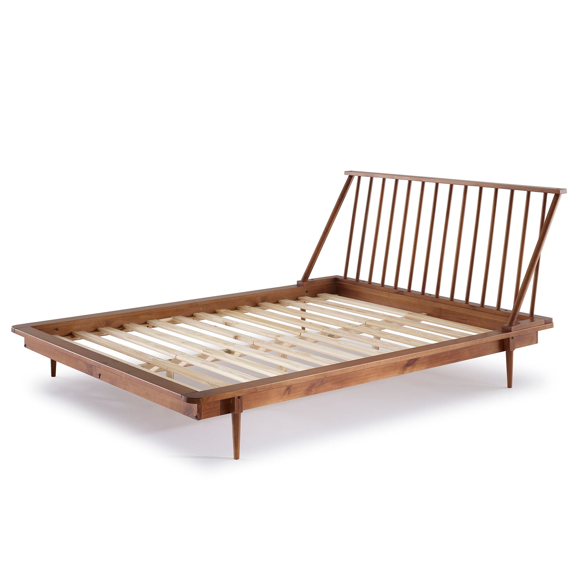 Mid-Century Modern Solid Wood Platform Bed Frame With Spindle Headboard