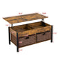 Metal coffee table,desk,with a lifting table,and hidden storage space.There were two removable wicker baskets that could be placed in any space such as the living room,color:brown with fire wood grain