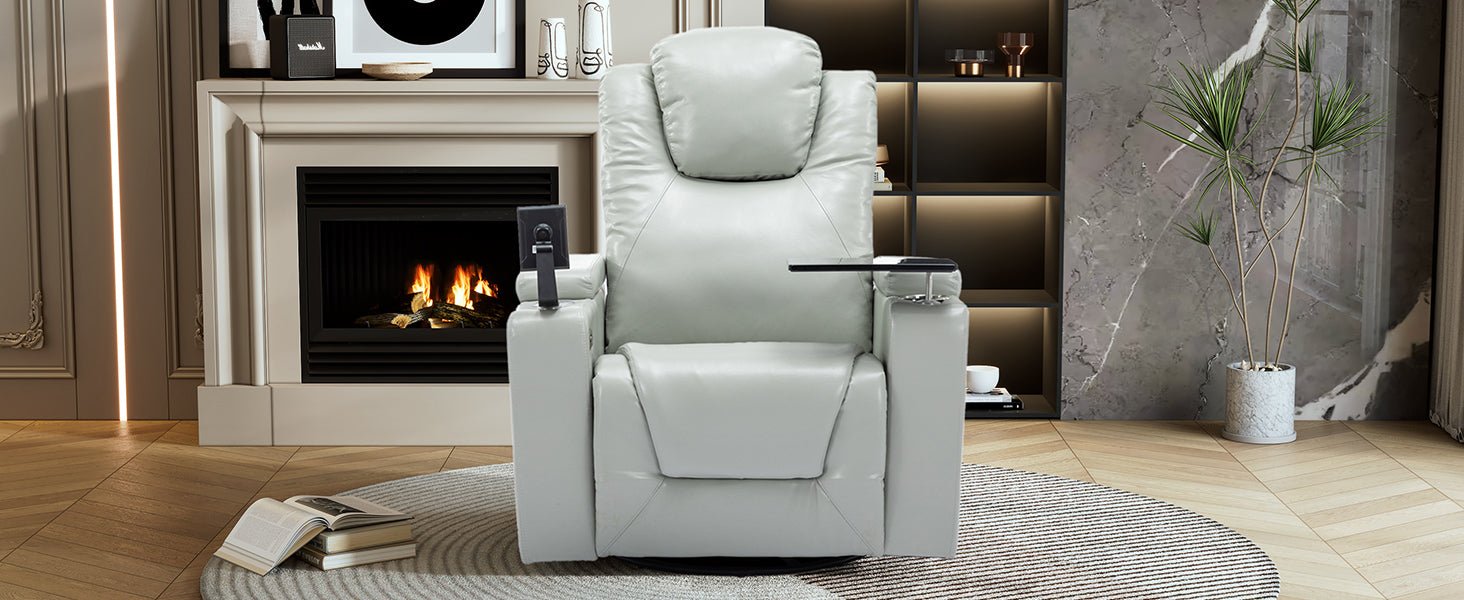 270 Degree Swivel PU Leather Power Recliner Individual Seat Home Theater Recliner with Surround Sound, Cup Holder, Removable Tray Table, Hidden Arm Storage for Living Room, Grey