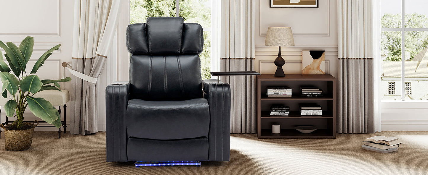 PU Leather Power Recliner Individual Seat Home Theater Recliner with Cooling Cup Holder, Bluetooth Speaker, LED Lights, USB Ports, Tray Table, Arm Storage for Living Room, Blue