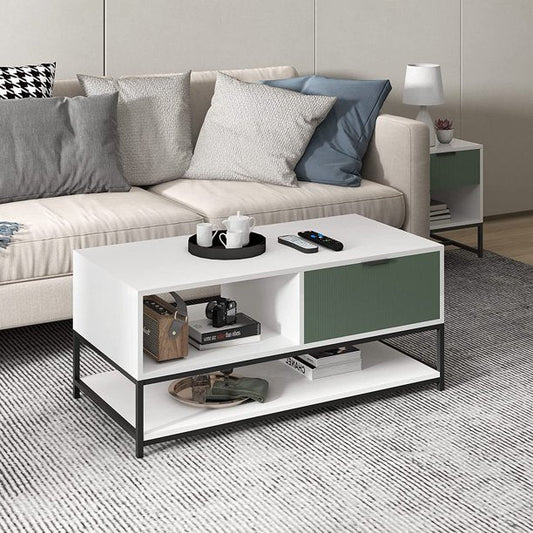 Watson 39" White and Green Wood Coffee Table Steel Frame with Shelves and Drawer